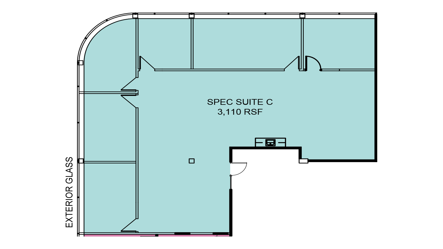 Floor plan labeled "Spec Suite C" with 3,110 RSF (rentable square feet), featuring an L-shaped layout with partitioned rooms.