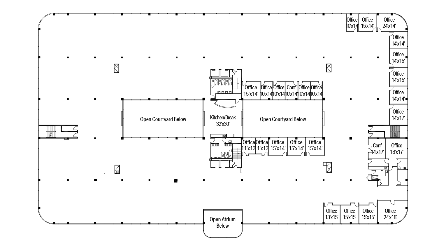 Office floor plan with multiple offices, conference rooms, a kitchen/break area, open courtyards, and an atrium.