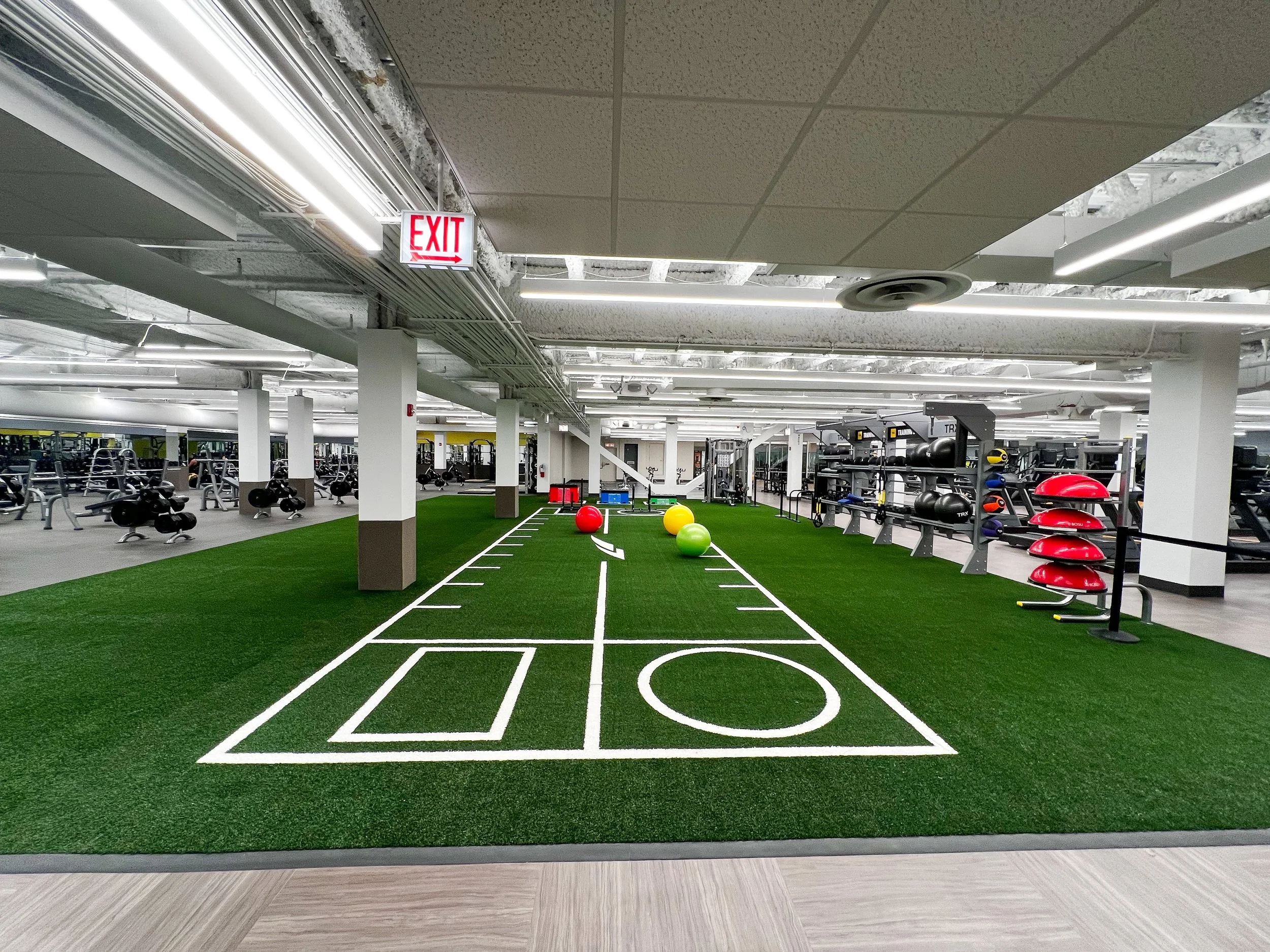 Indoor gym with artificial turf, exercise equipment, colorful balls, and an exit sign
