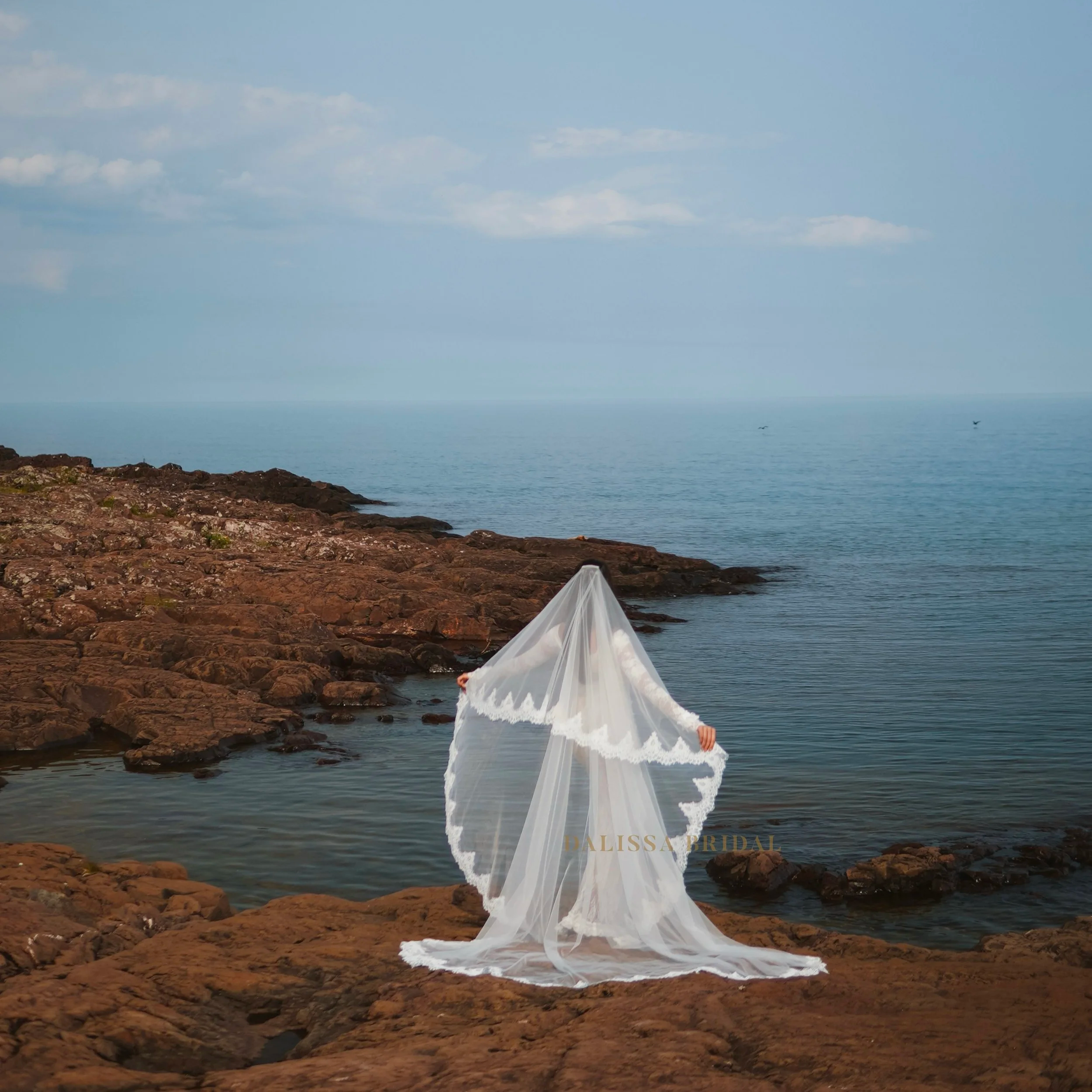 A Bride holds the sheer veil out with both arms, showcasing its delicate lace trim with a scalloped pattern along the edges.