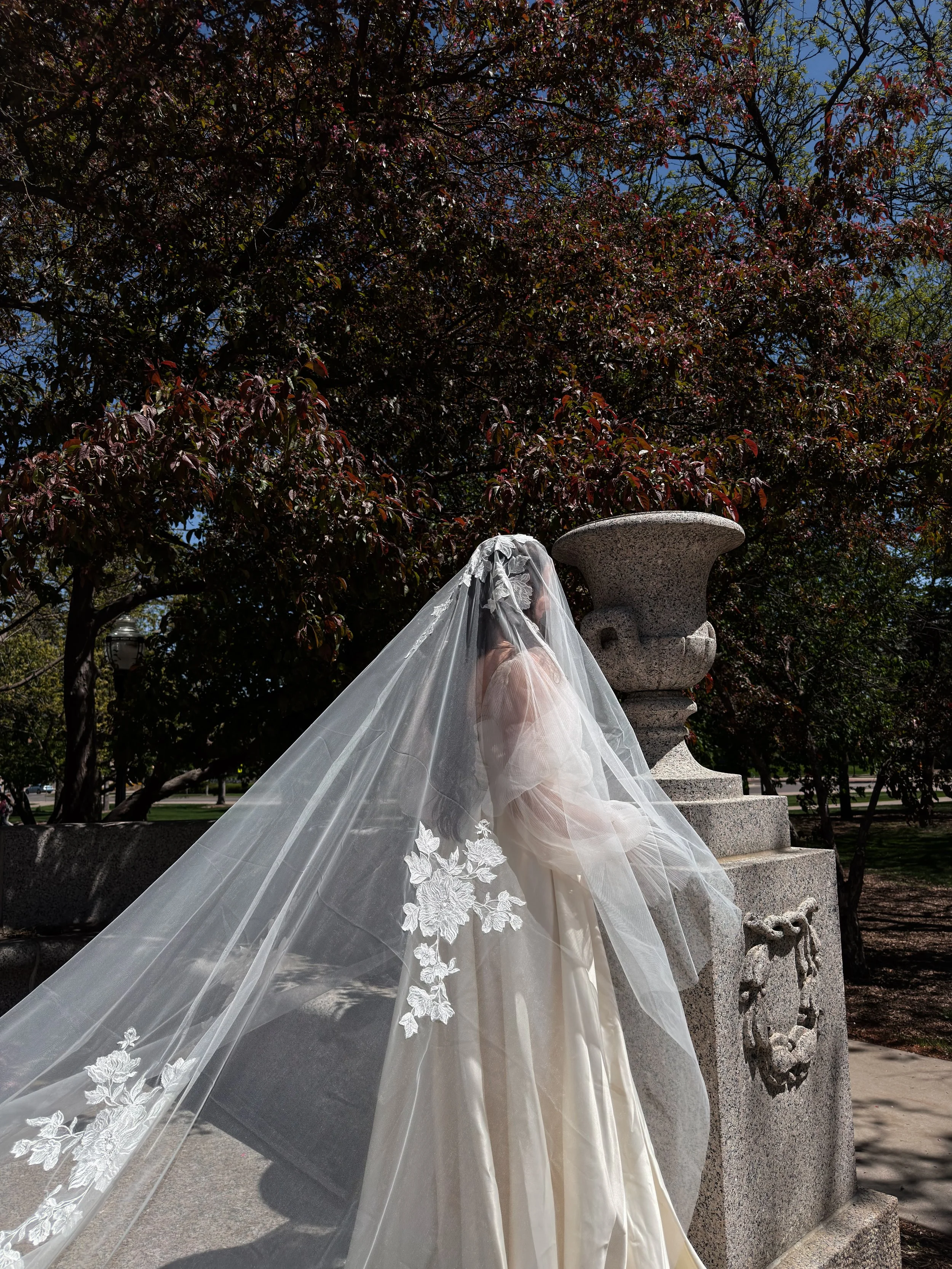 The photo shows a bride standing in on a stairs with her face and body turned away. The wind gently blow the veil, creating a soft and romantic movement. Large floral lace appliqués are on the veil.