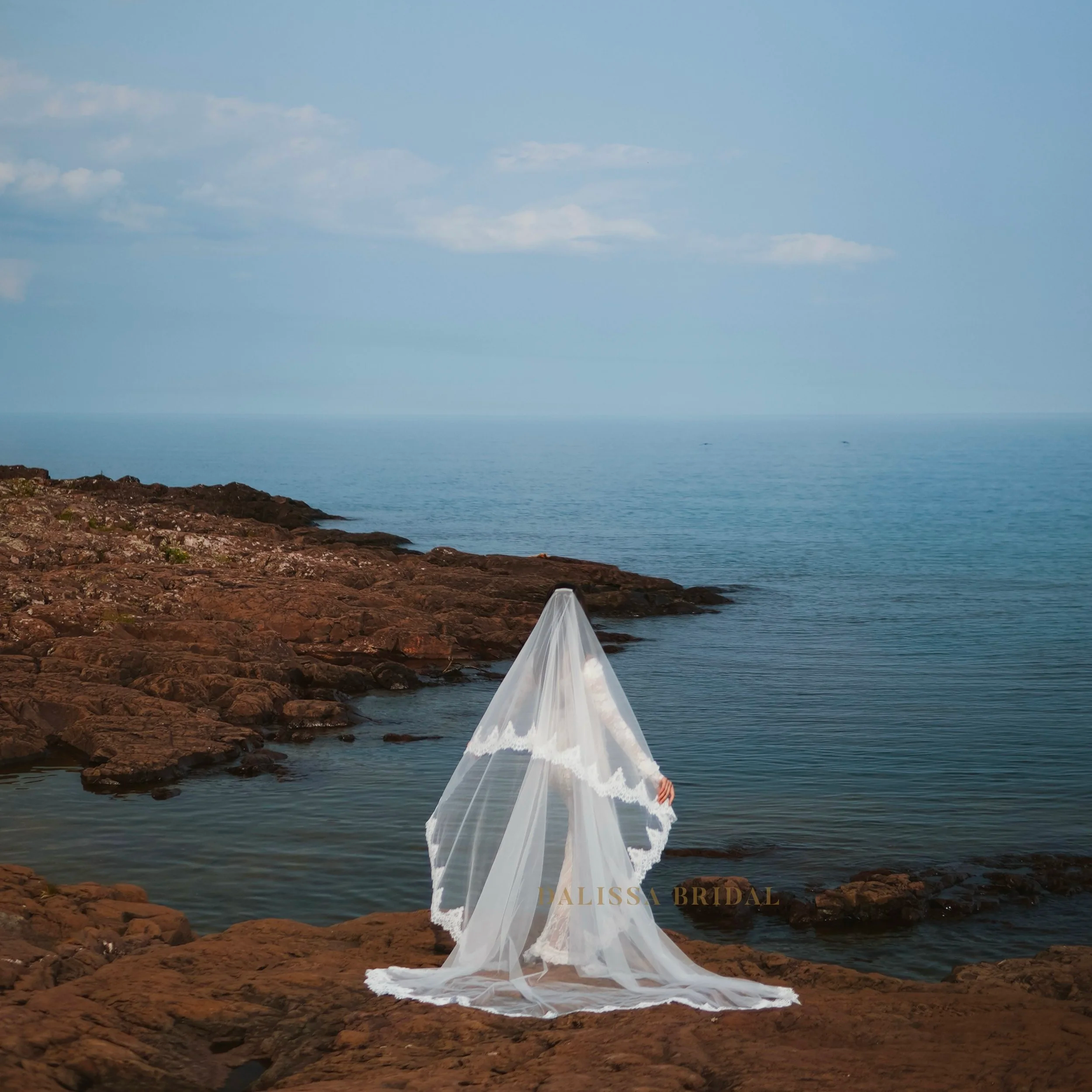 A Bride holds the sheer veil out with both arms, showcasing its delicate lace trim with a scalloped pattern along the edges.