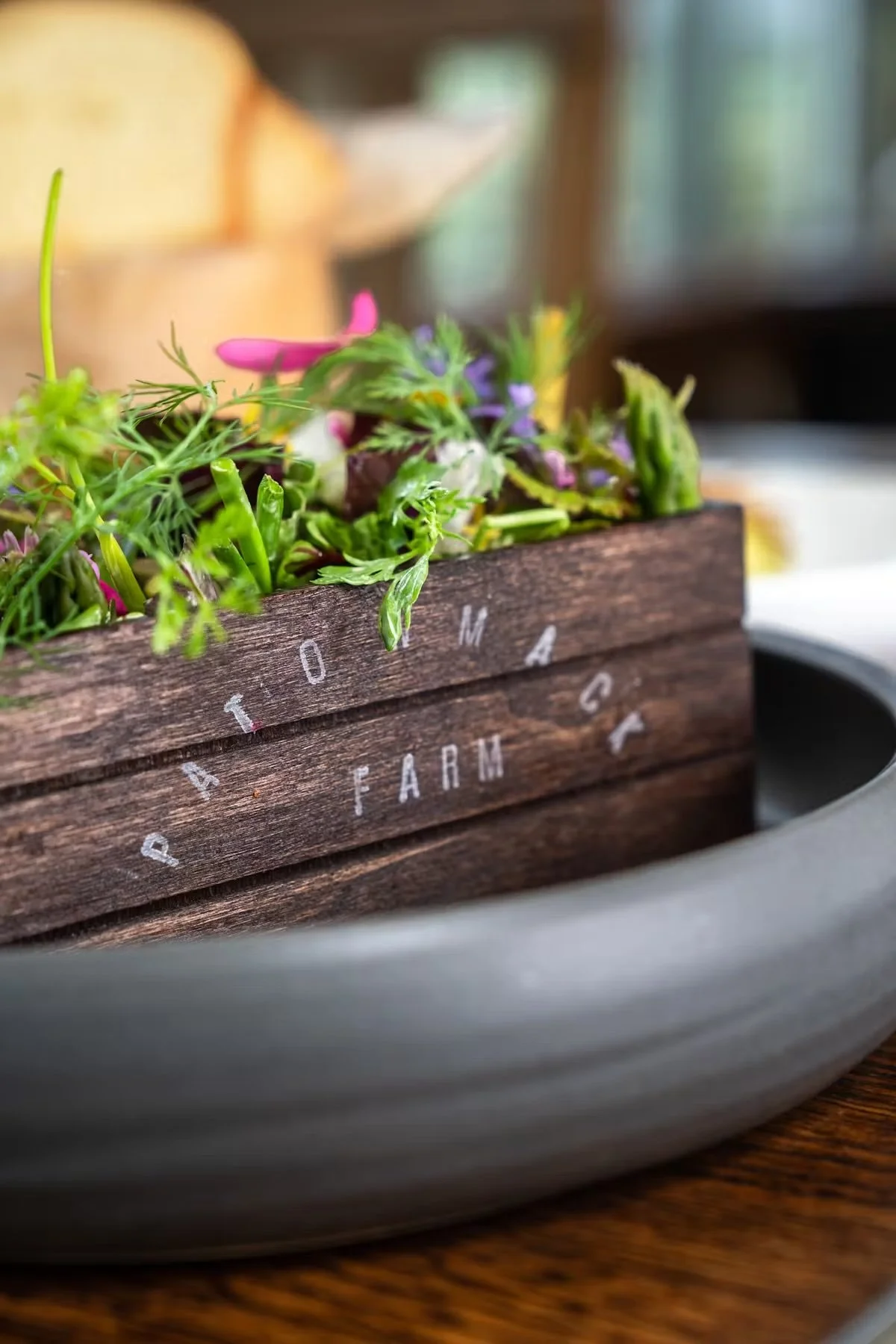 Wooden farm crate filled with green and purple plants, sitting on a white plate on a wooden table.