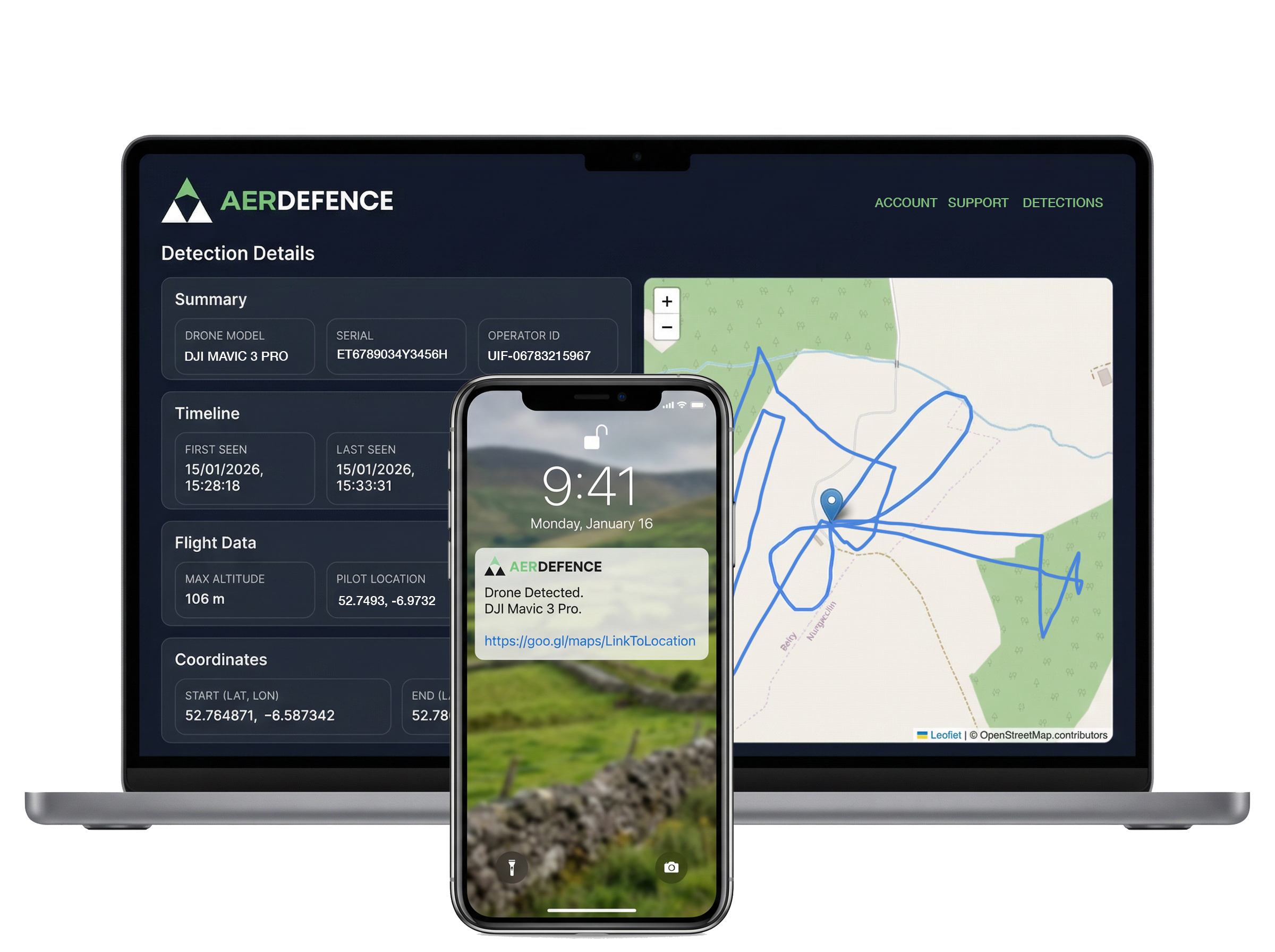 Laptop and smartphone display drone tracking and detection interface, showing drone flight path on map, with detection details, timeline, flight data, and coordinates. Drone Detection Ireland