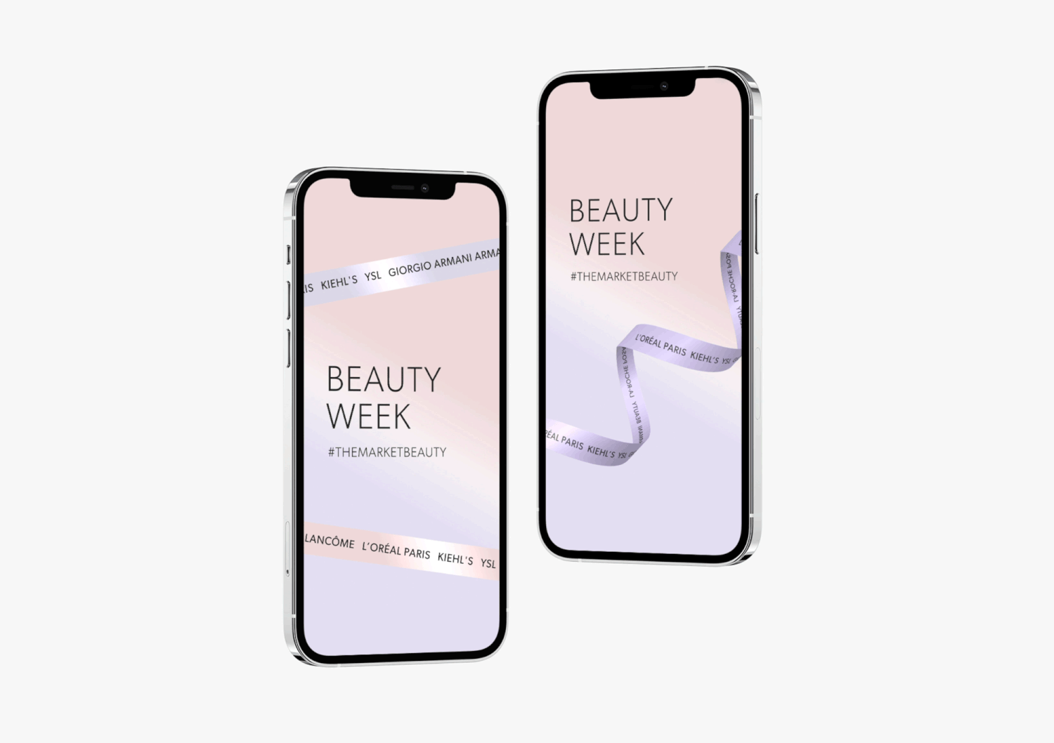 Phones displaying an animation for a campaign called beauty week at the market.com