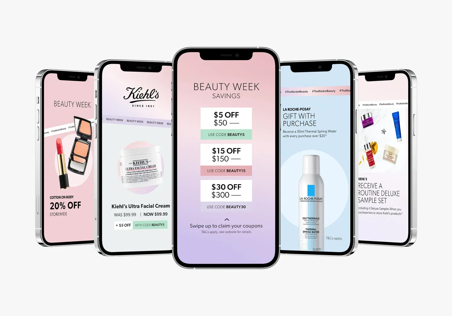 Mobile phones showing design and marketing for beauty week for themarket.com