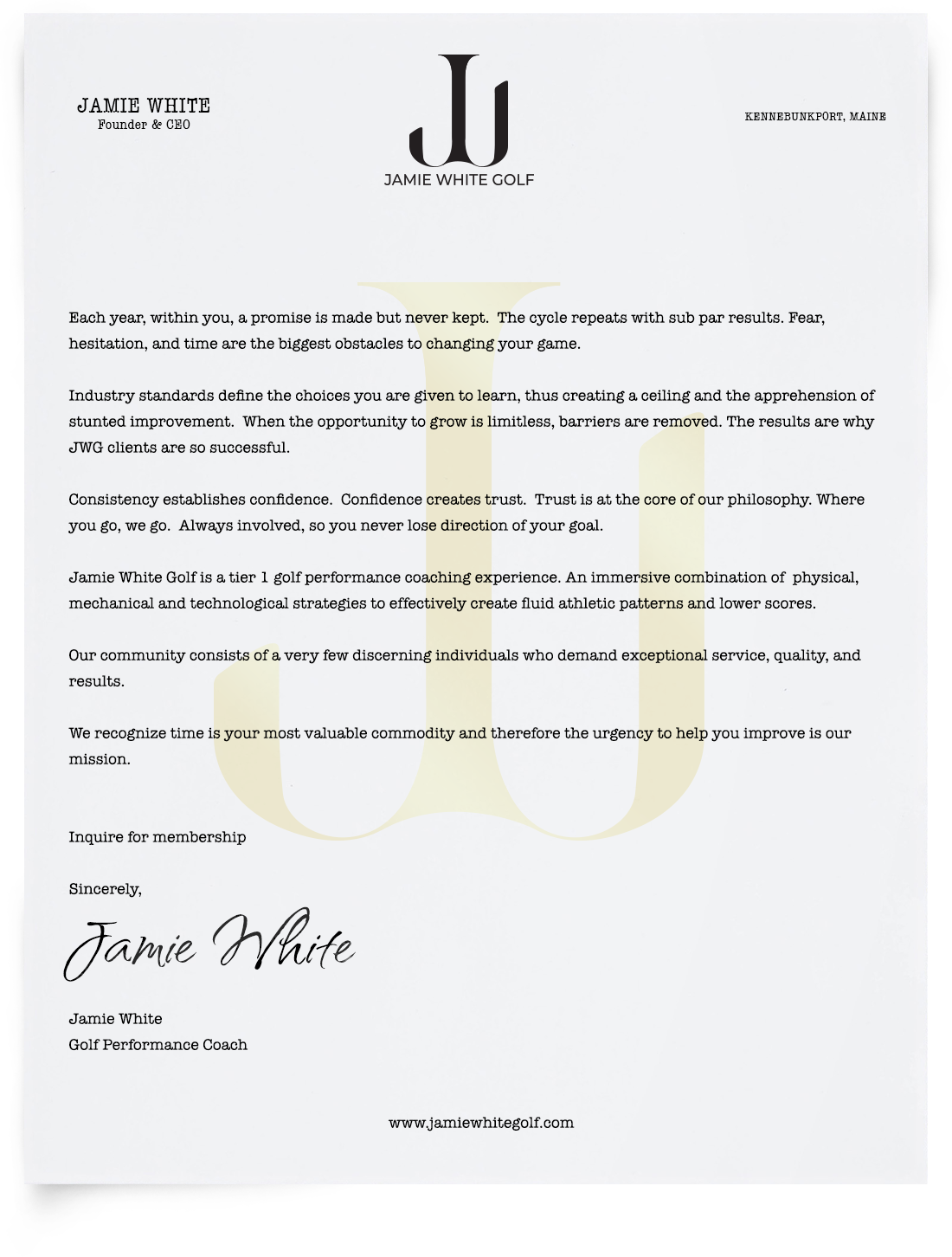 Jamie White Golf membership is an unlimited golf lesson and fitness program designed for amateur golfers that provides exclusive, opulent, concierge services.