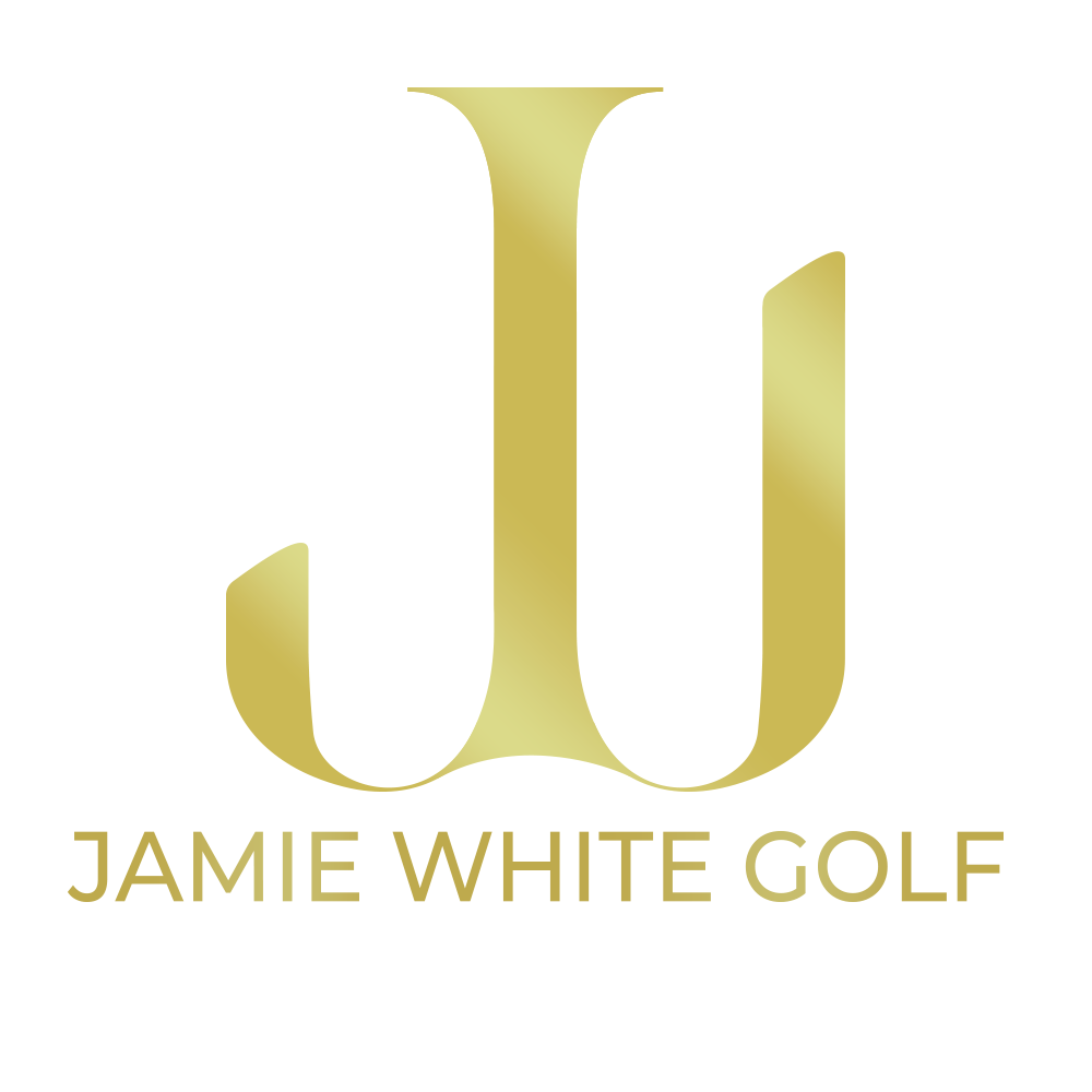 A gold monogram logo with the initials "J W" and the text "Jamie White Golf" underneath.