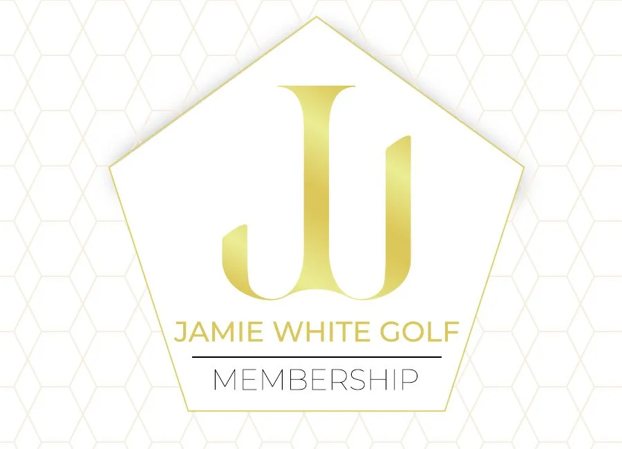 Logo for Jamie White Golf Membership featuring large gold initials 'JW' inside a gold-bordered hexagon, with the text 'Jamie White Golf' and 'Membership' beneath.