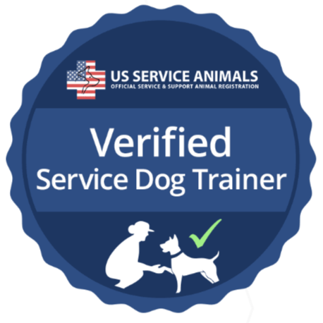 Blue badge with US Service Animals logo, states 'Verified Service Dog Trainer,' featuring a silhouette of a person training a service dog, and a green check mark.