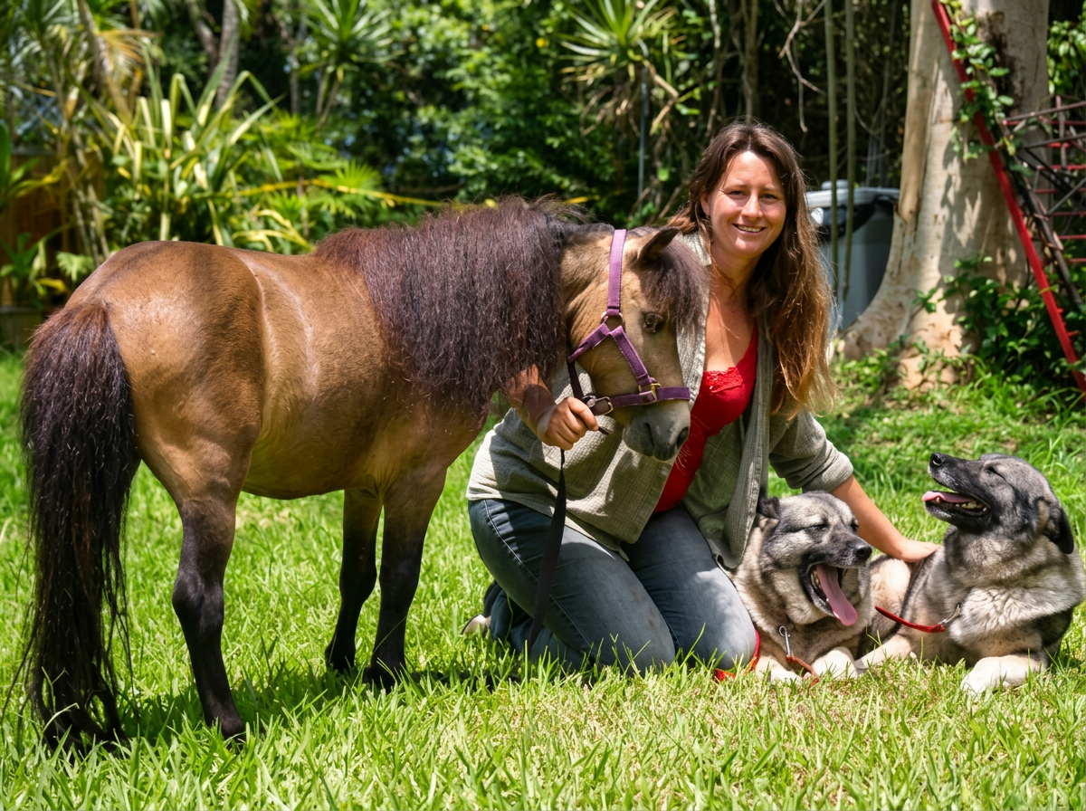 A woman kneeling on grass, holding the lead of a small brown horse, surrounded by two sitting huskies, in a lush green backyard with trees and shrubs.