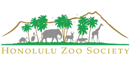 A logo for the Honolulu Zoo Society featuring a silhouette scene of animals like elephants, giraffes, and smaller mammals among palm trees and mountains, with the text Honolulu Zoo Society at the bottom.