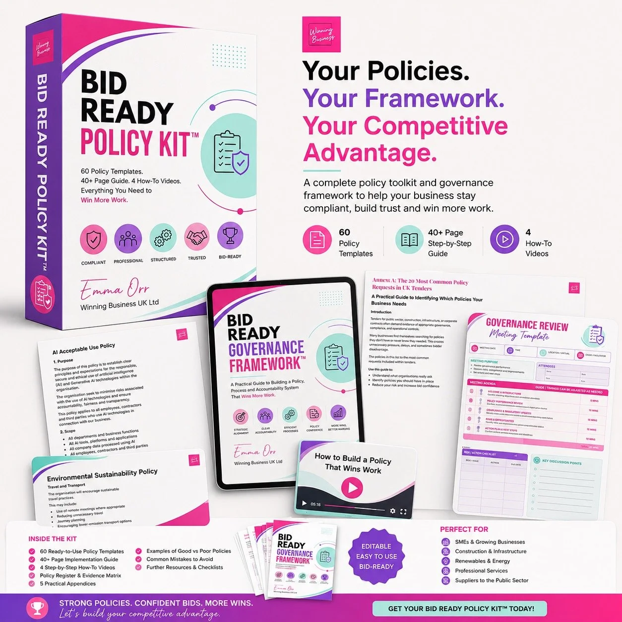 A marketing display for a policy toolkit named "Bid Ready Policy Kit" featuring books and documents about governance frameworks, policy templates, guides, and videos aimed at businesses and organizations.