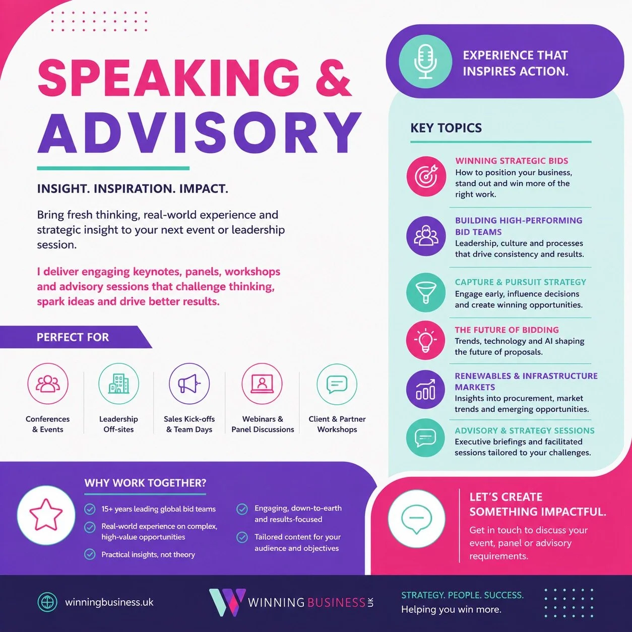 Poster advertising speaking and advisory services for business events, webinars, and leadership, highlighting key topics such as winning bids, high-performing teams, strategy, markets, and innovation, with details about experience and contact information.