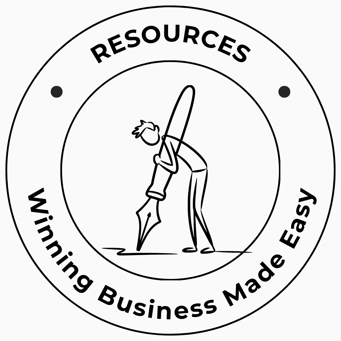 A circular logo with the words 'RESOURCES' at the top and 'Winning Business Made Easy' at the bottom. In the center, a person is crouched down, holding a large pen, writing on the ground.