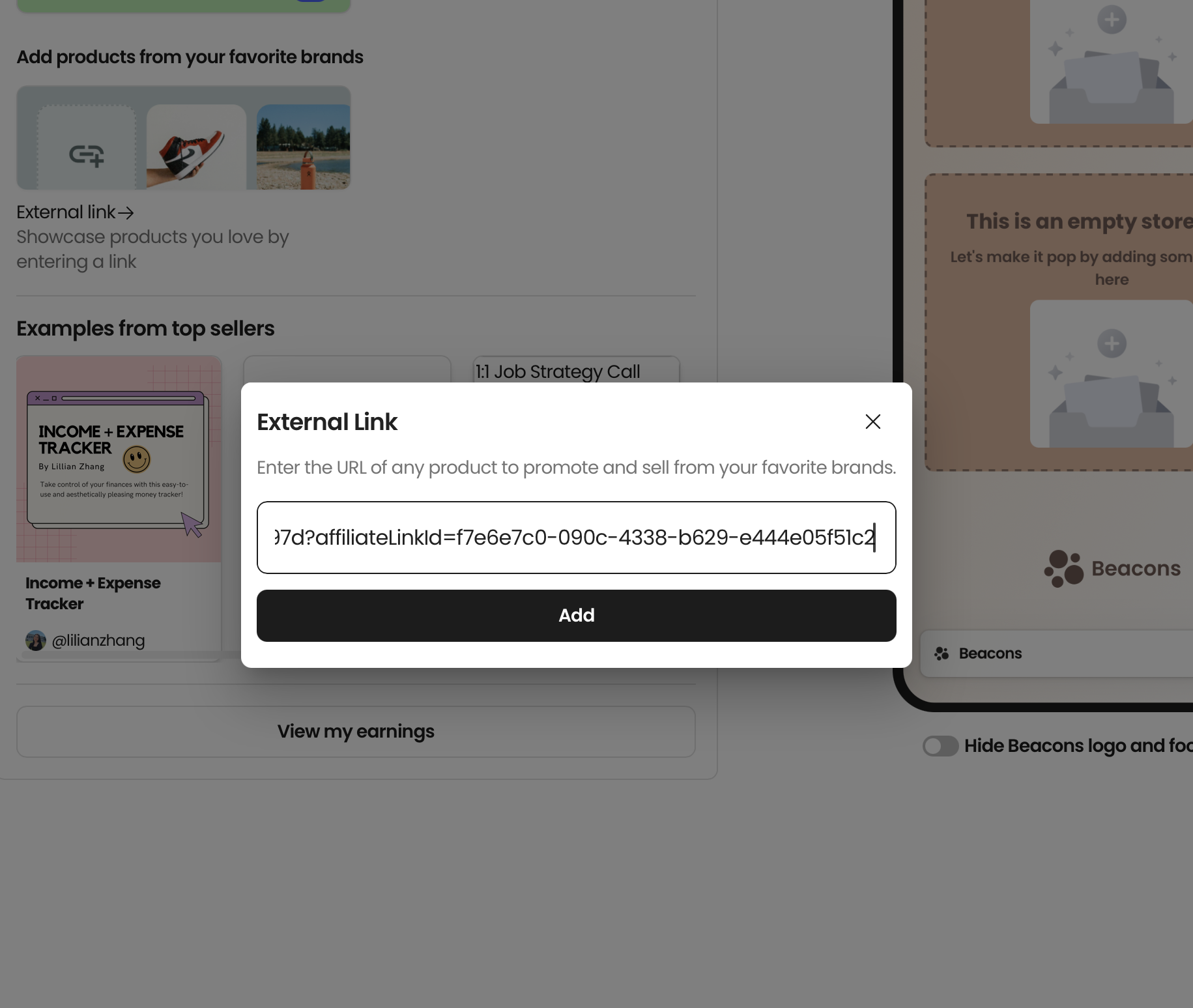 Screenshot of a pop-up window for adding an external link on a digital platform, with a partially visible background of a webpage containing product images, text, and user interface elements.
