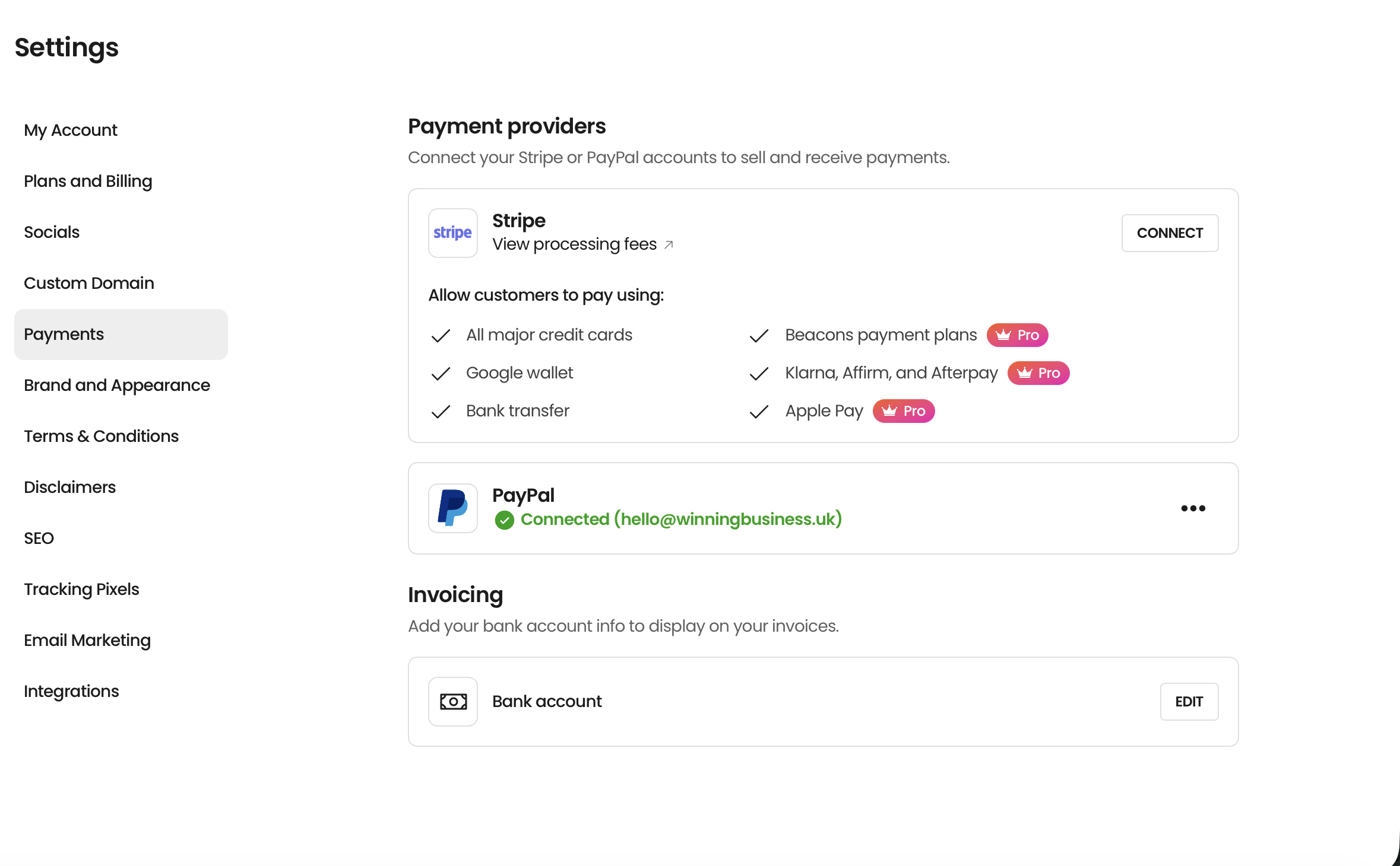 Screenshot of a website settings page showing options for connecting payment providers, including Stripe with a 'Connect' button and a list of payment methods, along with connected PayPal account information.