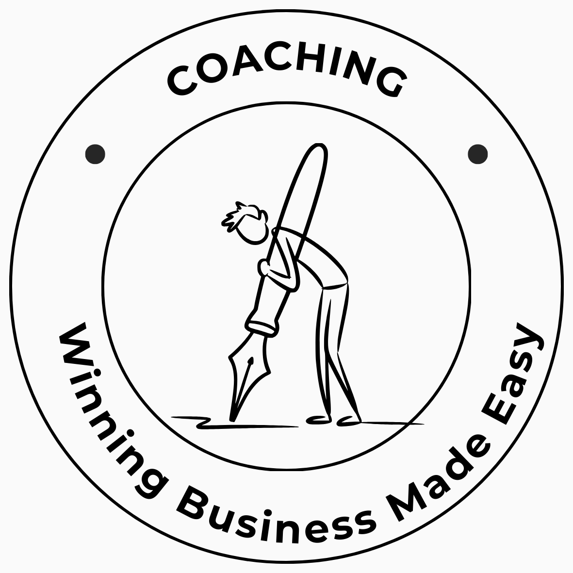 A circular logo with the words 'Coaching' at the top and 'Winning Business Made Easy' at the bottom. The center features a simple line drawing of a person writing with a large pen.