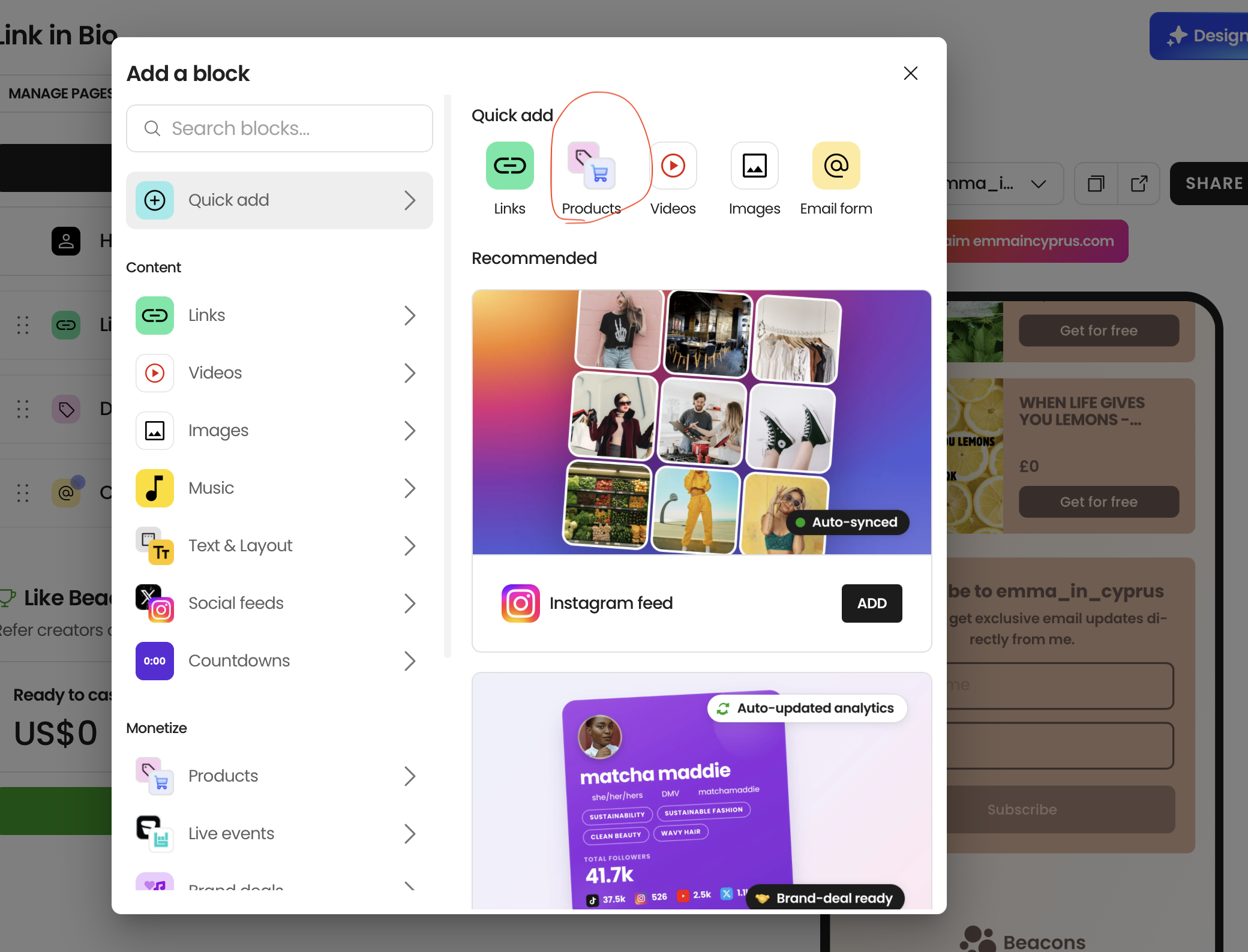 Screenshot of a web interface showing an 'Add a block' menu with options like Links, Products, Videos, Images, Email form, and more. The Products option is highlighted. There are recommended content images including a woman with sunglasses, a cafe, clothing store, a woman in yellow, and others, along with typical social media analytics and forecast info.