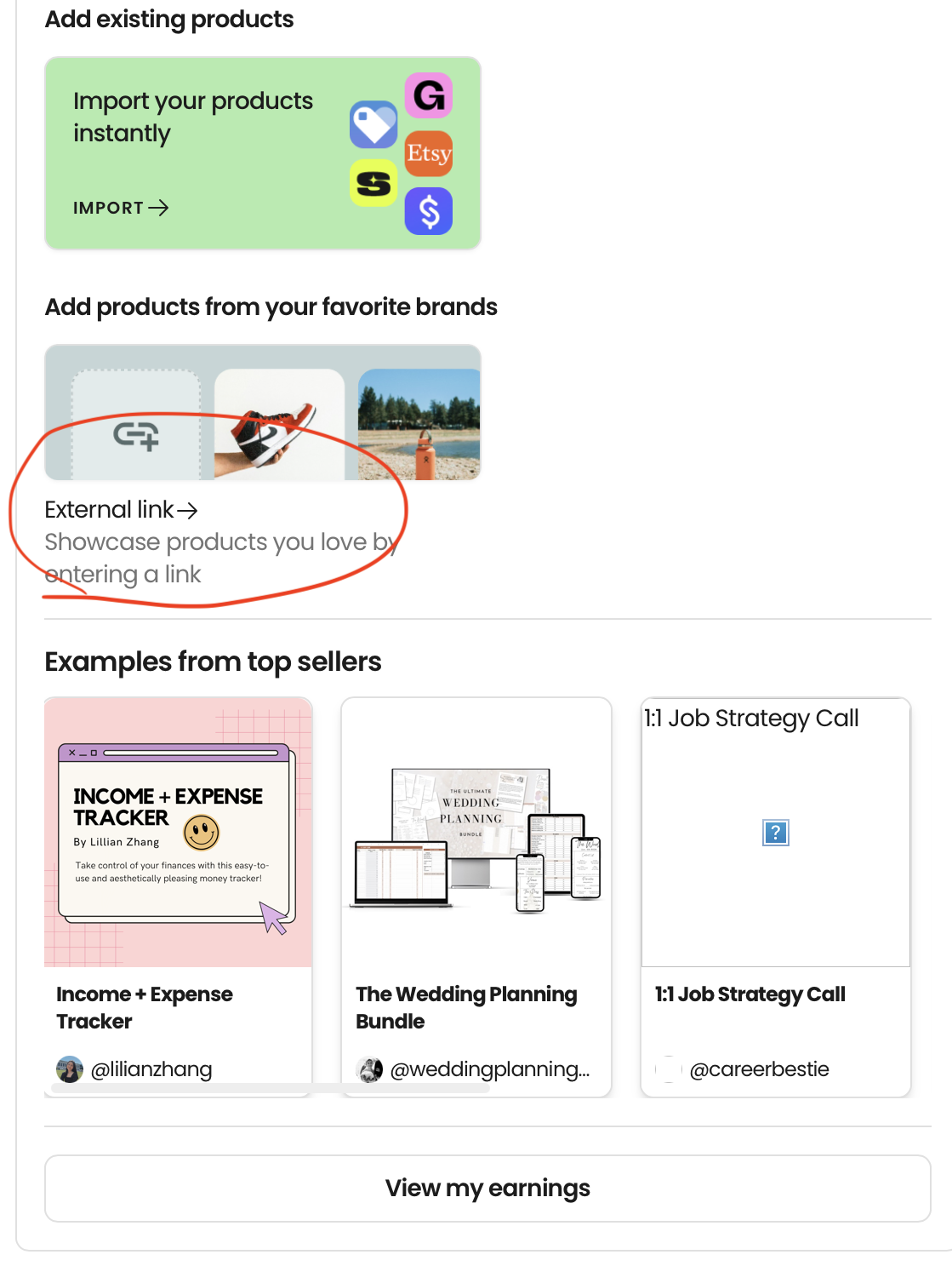 Section of a webpage displaying options to add existing products and from top sellers, featuring links, images, and icons for various ecommerce tools and resources.