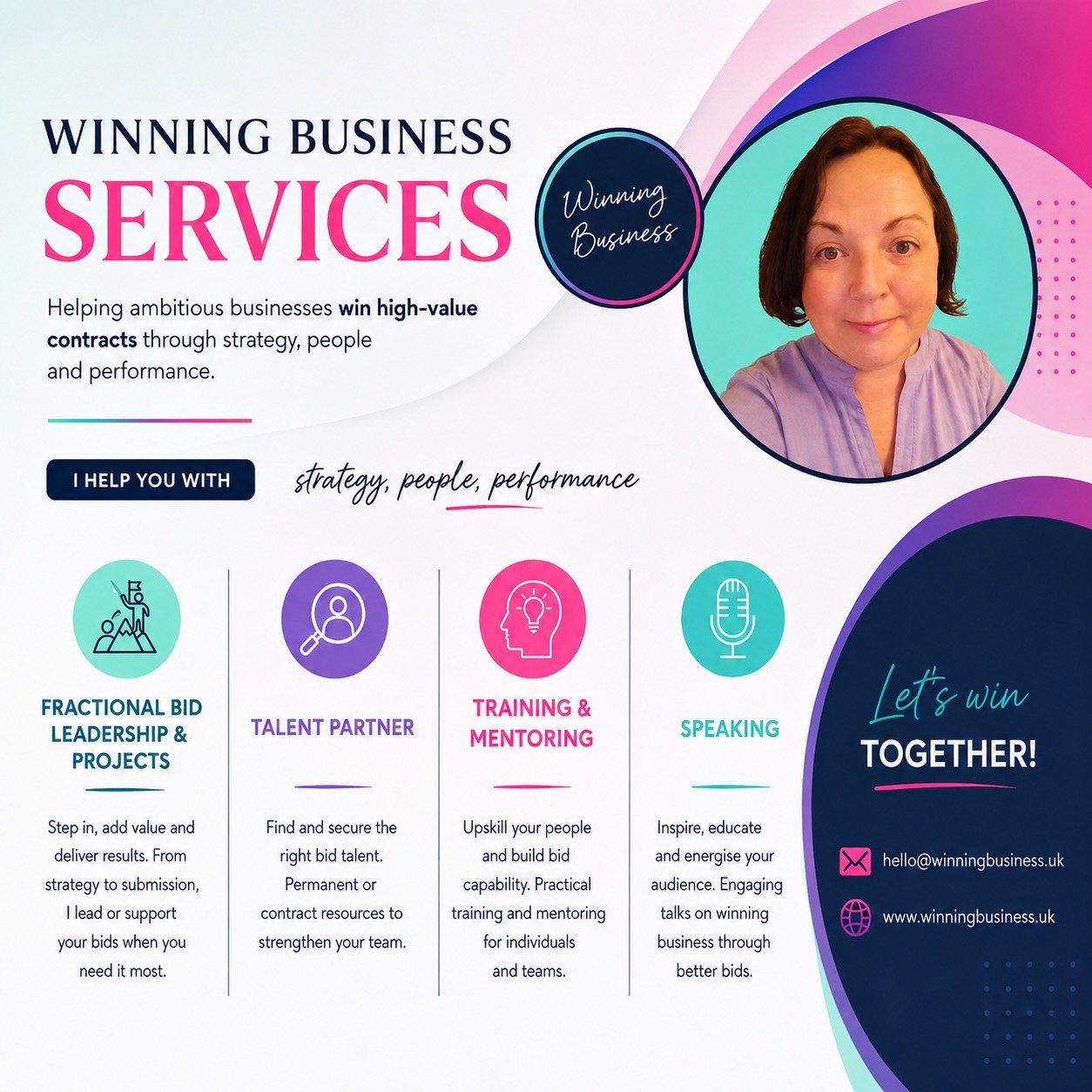 Graphic promoting Winning Business Services, highlighting strategies for high-value contracts, talent partnership, training, mentoring, and speaking engagements, with a photo of a woman and contact information.