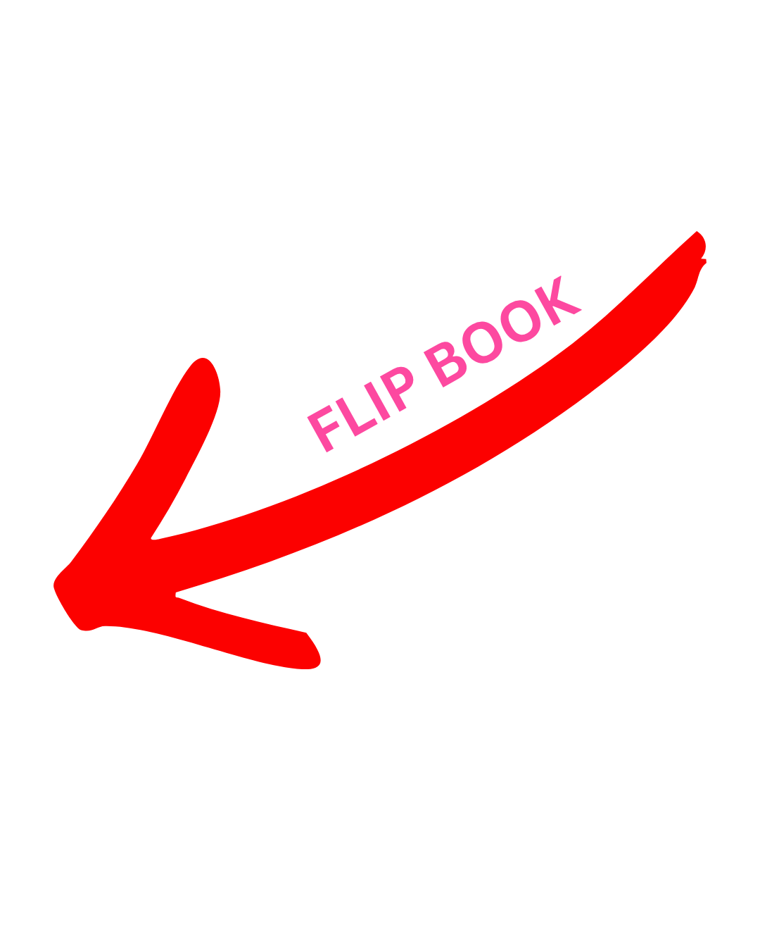 Instructional diagram showing a large red arrow curving left with the words 'FLIP BOOK' in pink along the arrow.