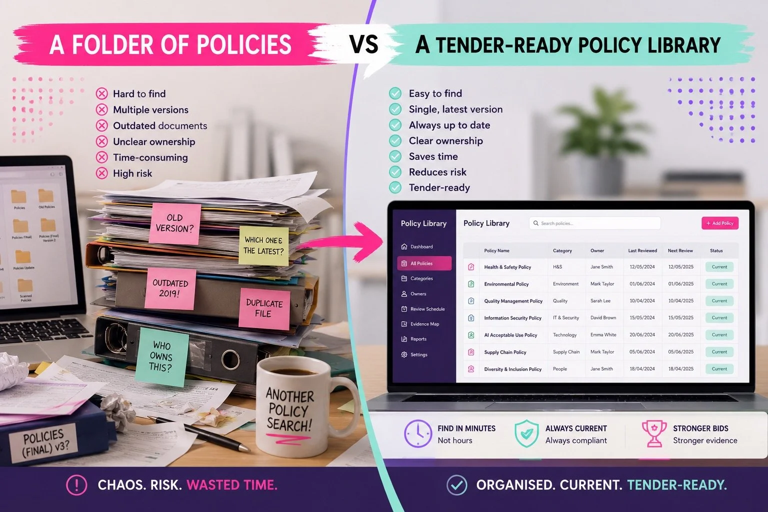 Comparison infographic between a folder of policies and a policy library software. The left side shows messy papers and sticky notes with negative points, and the right side shows a clean digital policy management system with positive features. Main titles highlight 'A Folder of Policies vs. A Tender-Ready Policy Library,' and additional points emphasize ease of finding, updates, ownership, and compliance.
