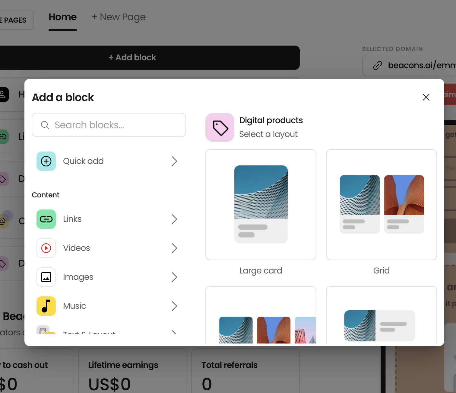 Screenshot of a website interface showing a modal window for adding a block with options for layout styles, including large card and grid, featuring images of architectural structures with blue sky backgrounds.