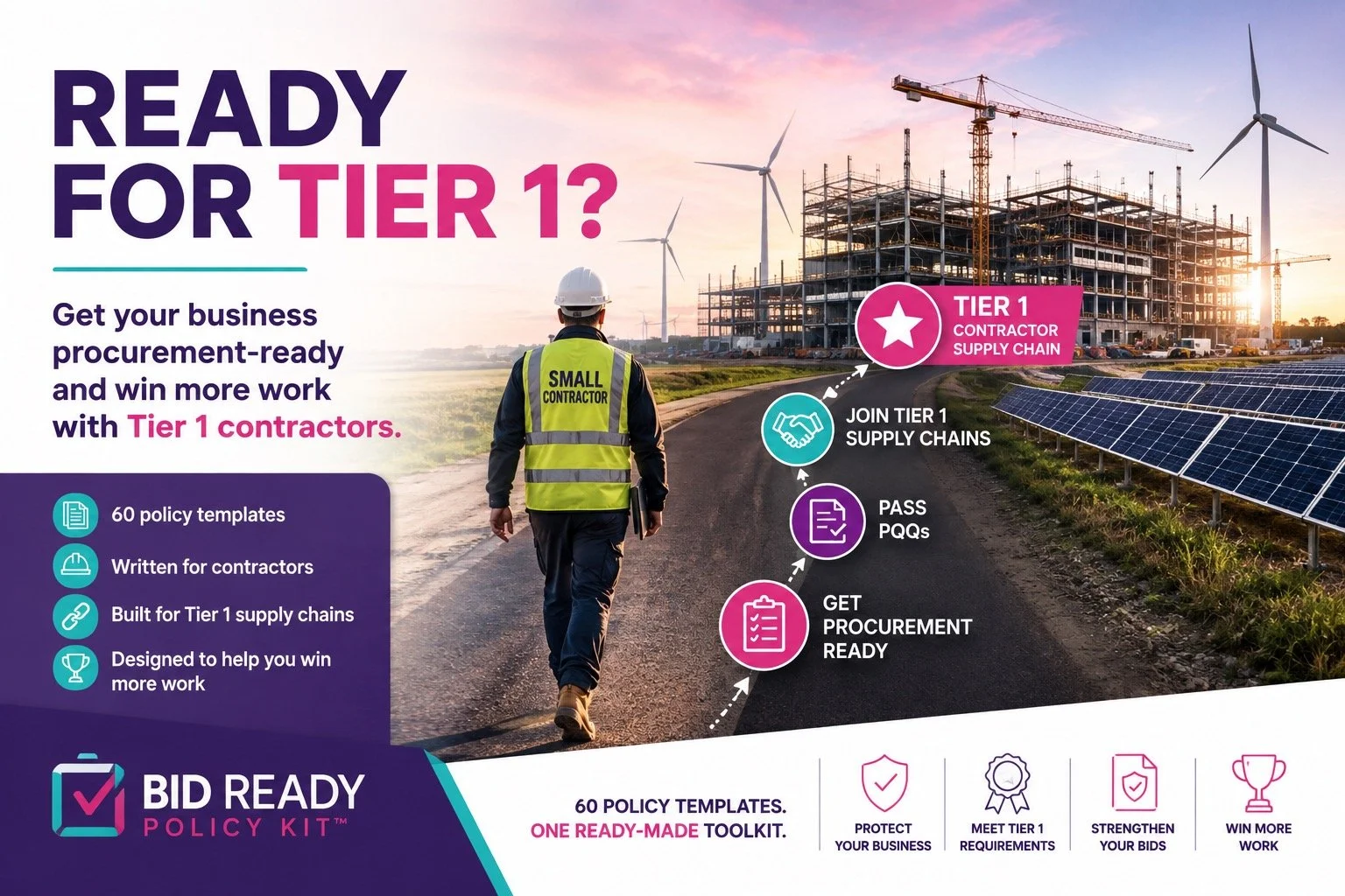A construction worker wearing a safety vest and helmet walking toward a building under construction with wind turbines and solar panels in the background. The image promotes a policy toolkit for tier 1 contractors to become procurement-ready, with icons and text highlighting steps like joining supply chains, passing required pre-qualification questions, and getting procurement ready.