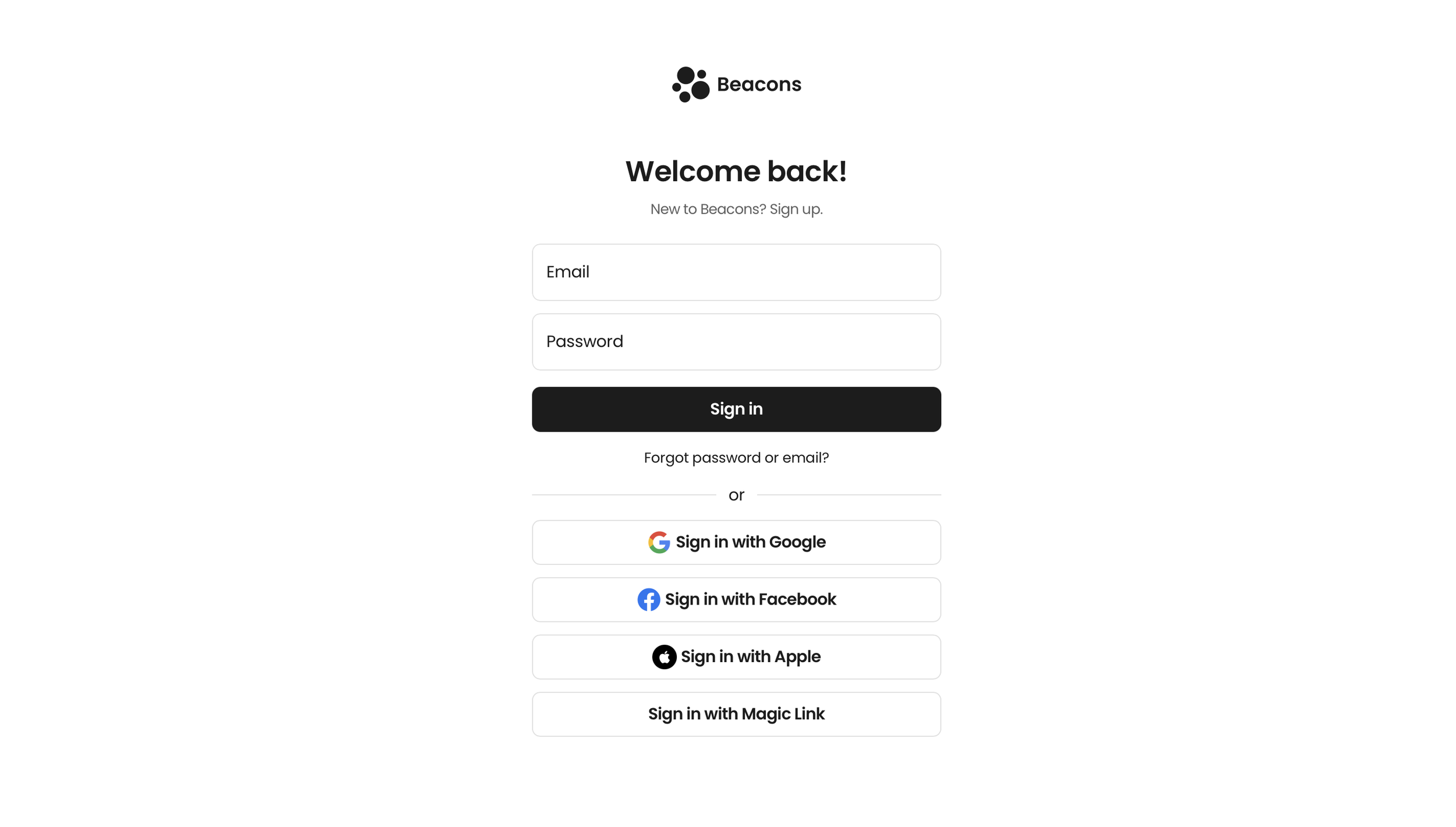 Login screen for Beacons app with options to sign in using Google, Facebook, Apple, Magic Link, or email and password.