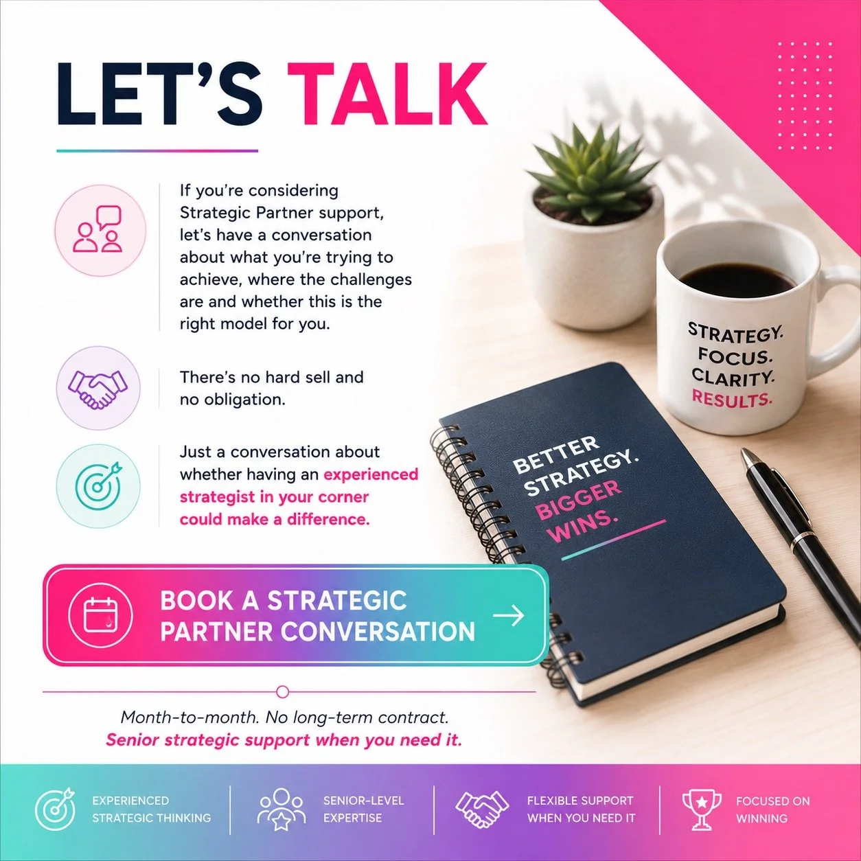 An informational graphic titled 'Let's Talk' promoting strategic partner support. It features icons for discussion, handshake, target, and calendar, with text explaining the benefits of a conversation with an experienced strategist. The image includes a coffee mug with words 'Strategy. Focus. Clarity. Results.', a potted succulent, a spiral notebook reading 'Better Strategy. Bigger Wins.', and a pen on a light wooden surface. A call-to-action button says 'Book a Strategic Partner Conversation', emphasizing no long-term contracts and senior strategic support.
