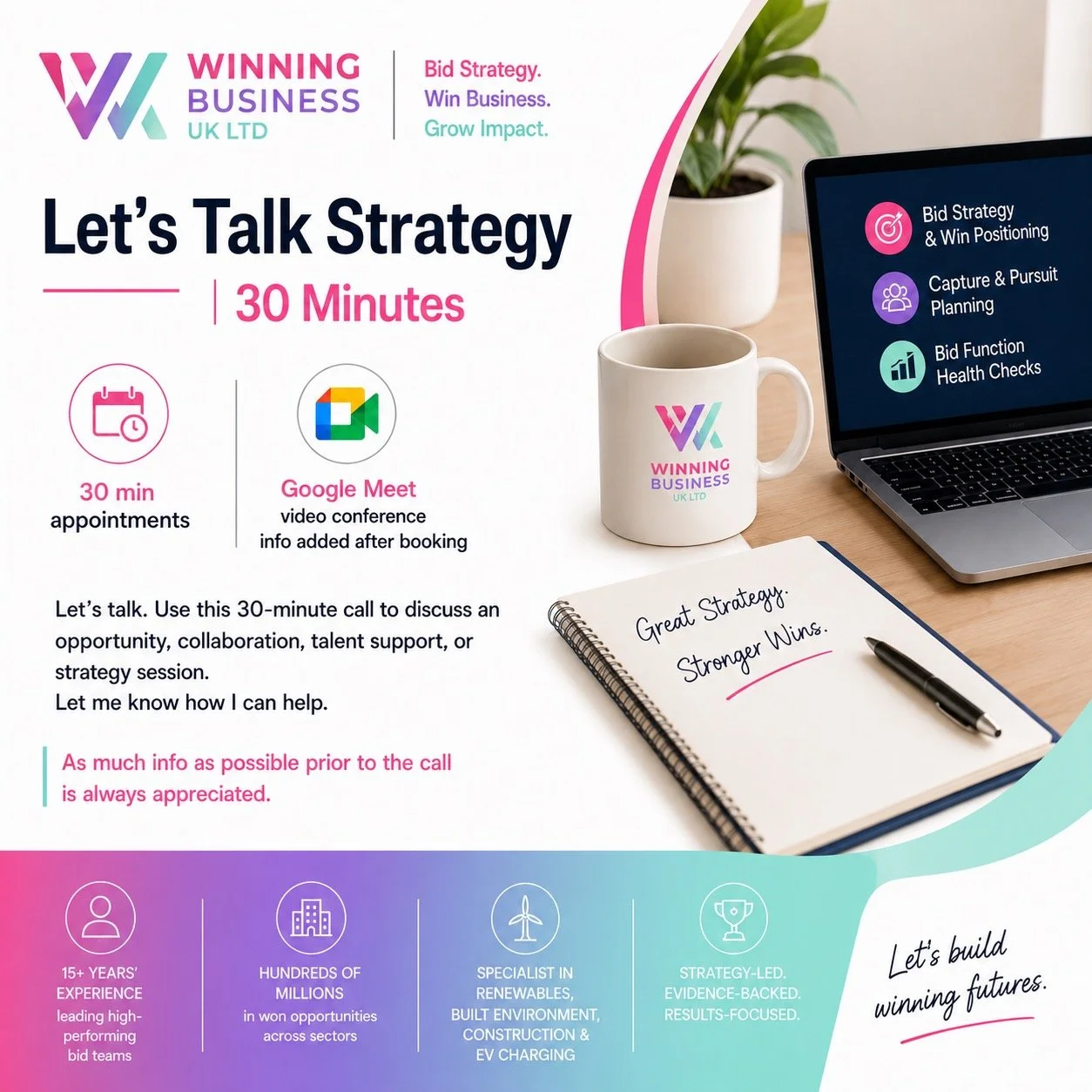 Poster for Winning Business UK LTD advertising a 30-minute strategy call via Google Meet, with details about video conferencing, appointment duration, and discussion topics such as opportunity, collaboration, talent support, and strategy, featuring a laptop, coffee mug, plant, notepad, and handwritten notes.