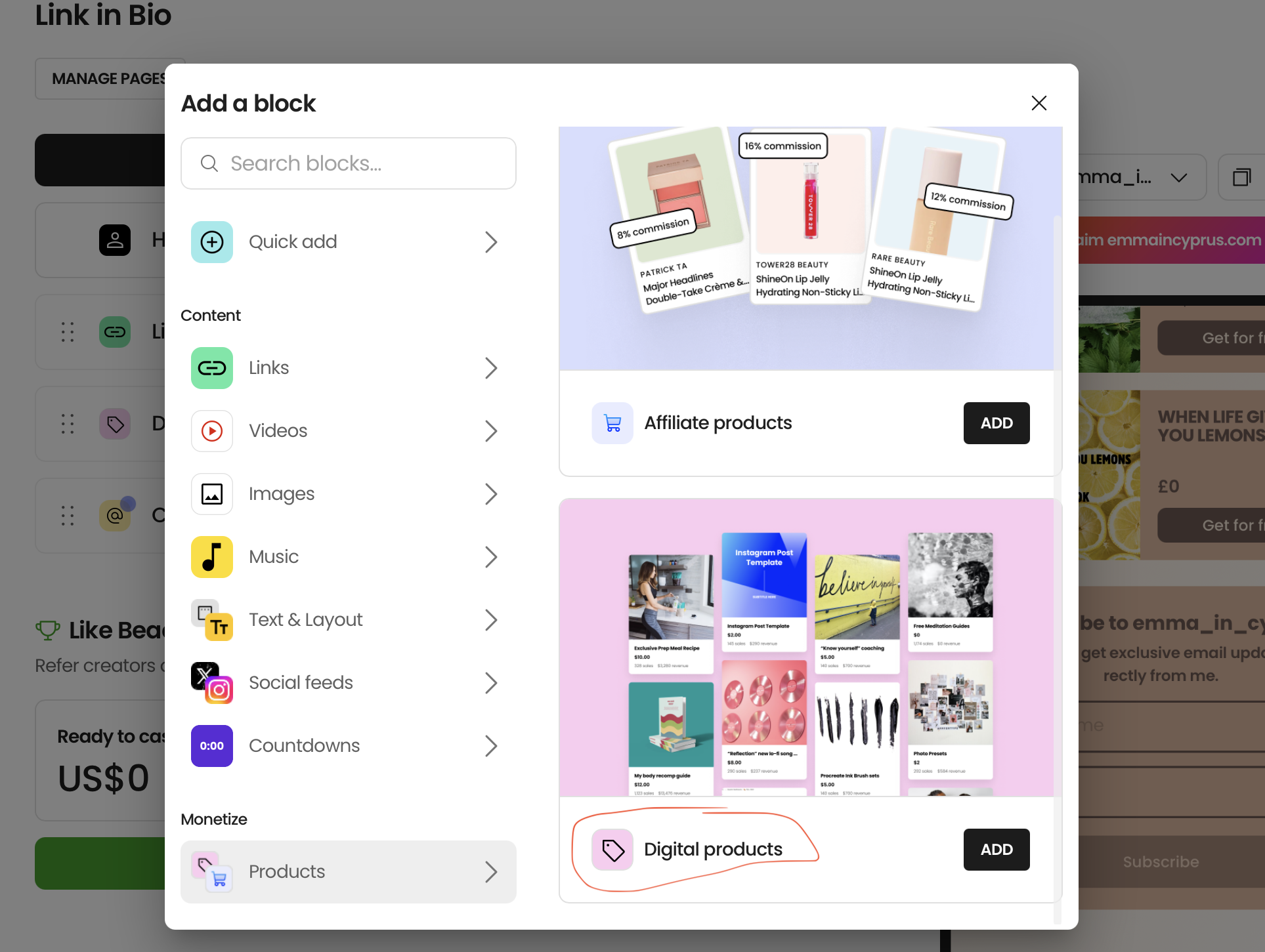 Screenshot of an online platform with a pop-up window titled 'Add a block' showing options for content, links, videos, images, music, text & layout, social feeds, countdowns, and monetize. The selected block is labeled 'Digital products' with a purple tag icon. Behind the pop-up, part of the platform's background is visible, but it is out of focus.