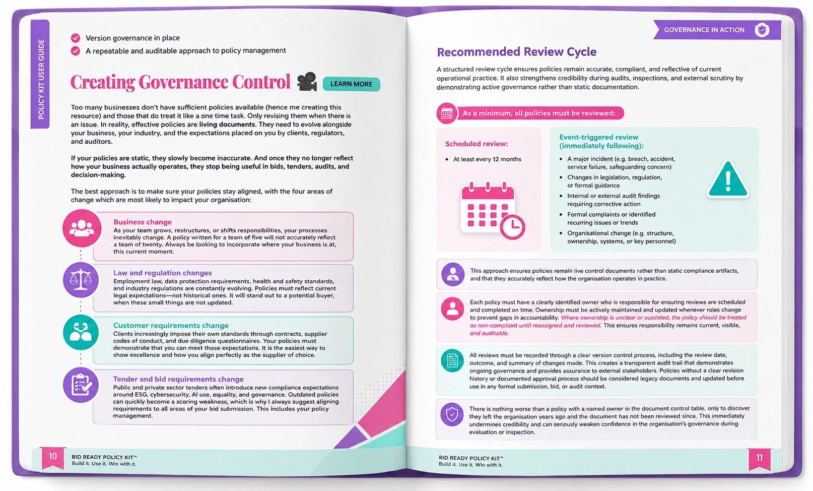 Two-page spread from a policies guide about creating governance control, review cycle, and policy management. Highlights include scheduled reviews, event-triggered reviews, and key principles for policy ownership, version control, and review documentation.