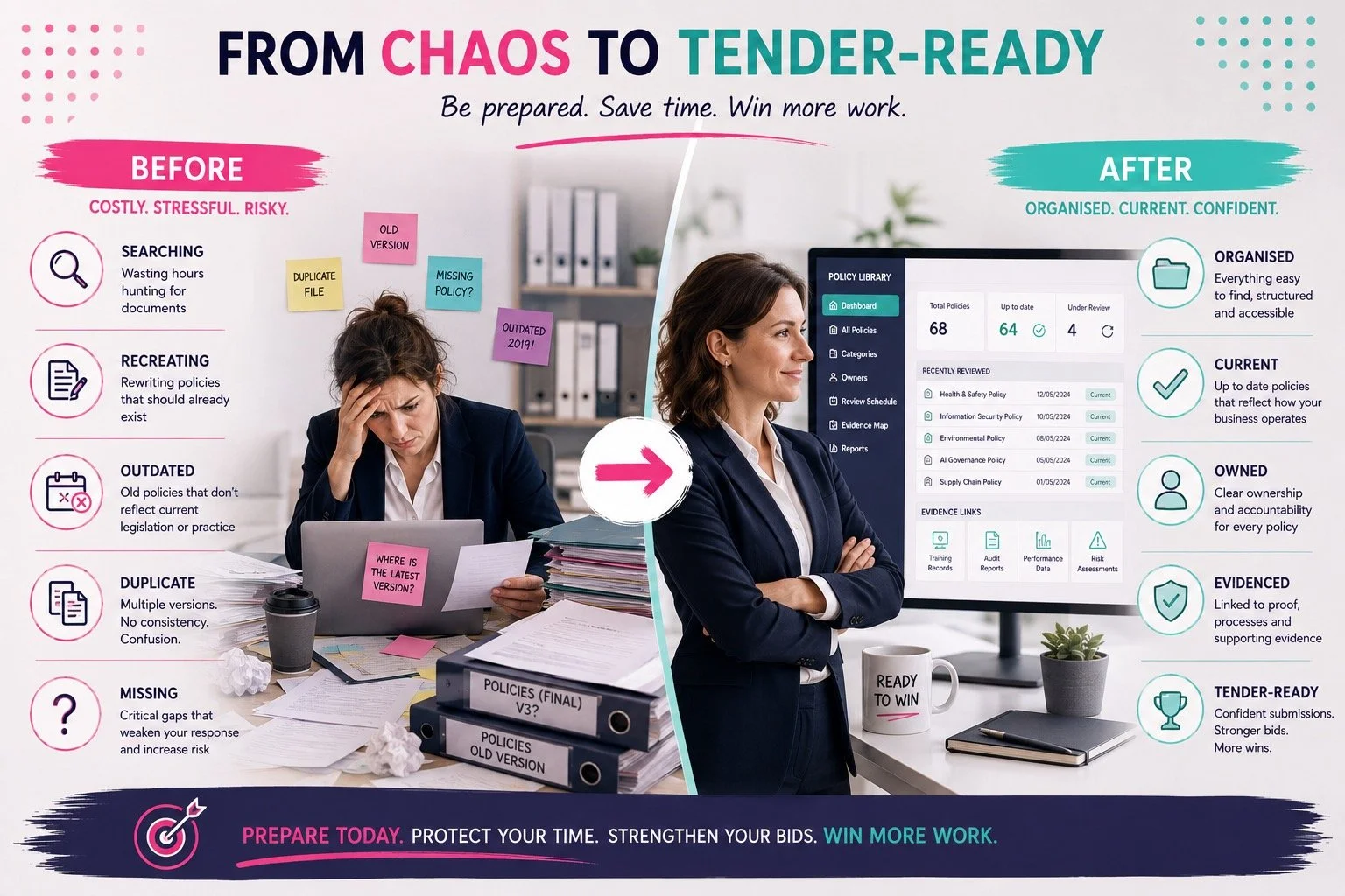 Comparison of a cluttered, stressful workspace with old policies on the left and a organized, confident workspace with updated policies on the right, featuring digital policy management.