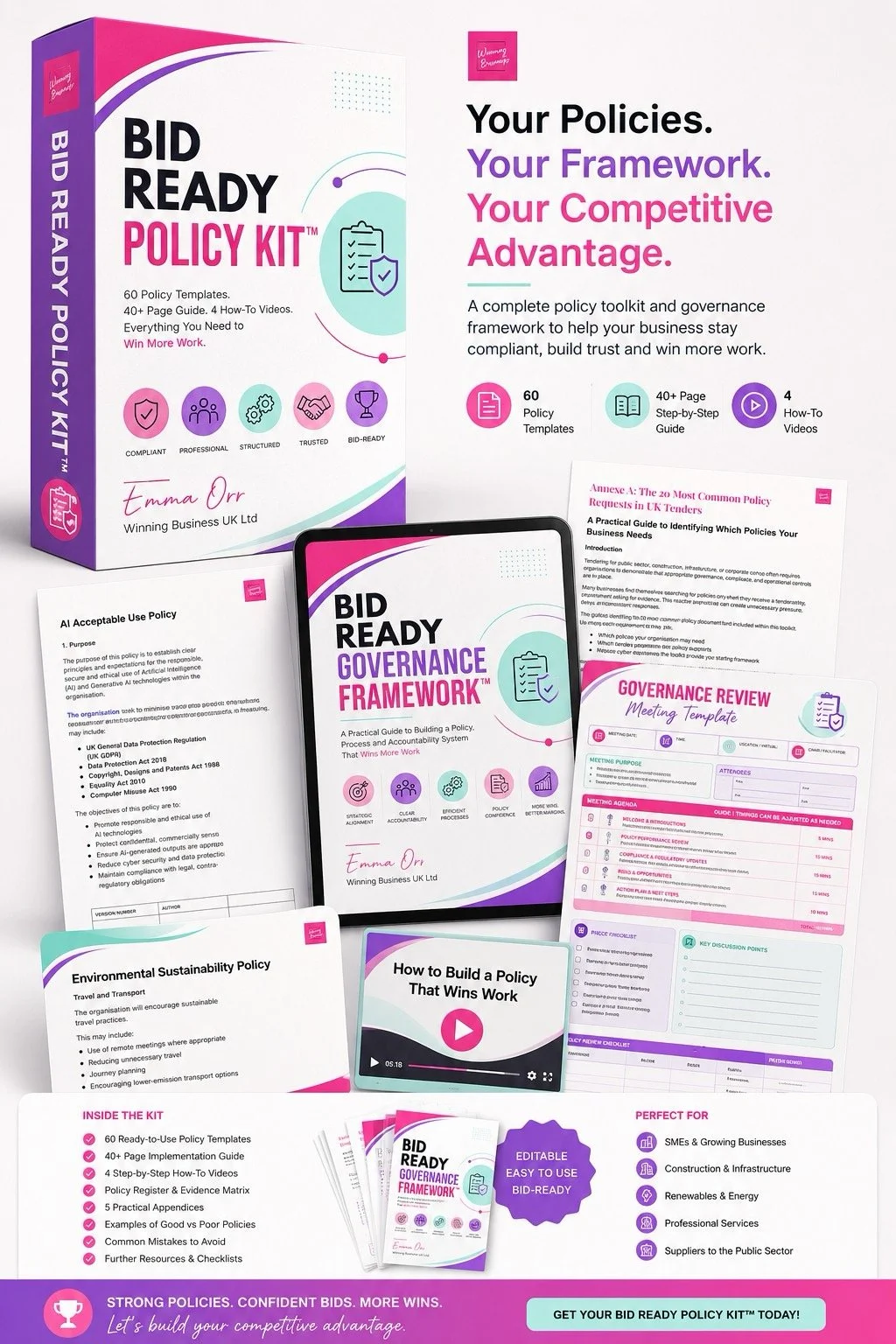 Promotional poster advertising the Bid Ready Policy Kit, including policy templates, guide, videos, and governance framework for businesses, with the tagline 'Your Policies. Your Framework. Your Competitive Advantage.'