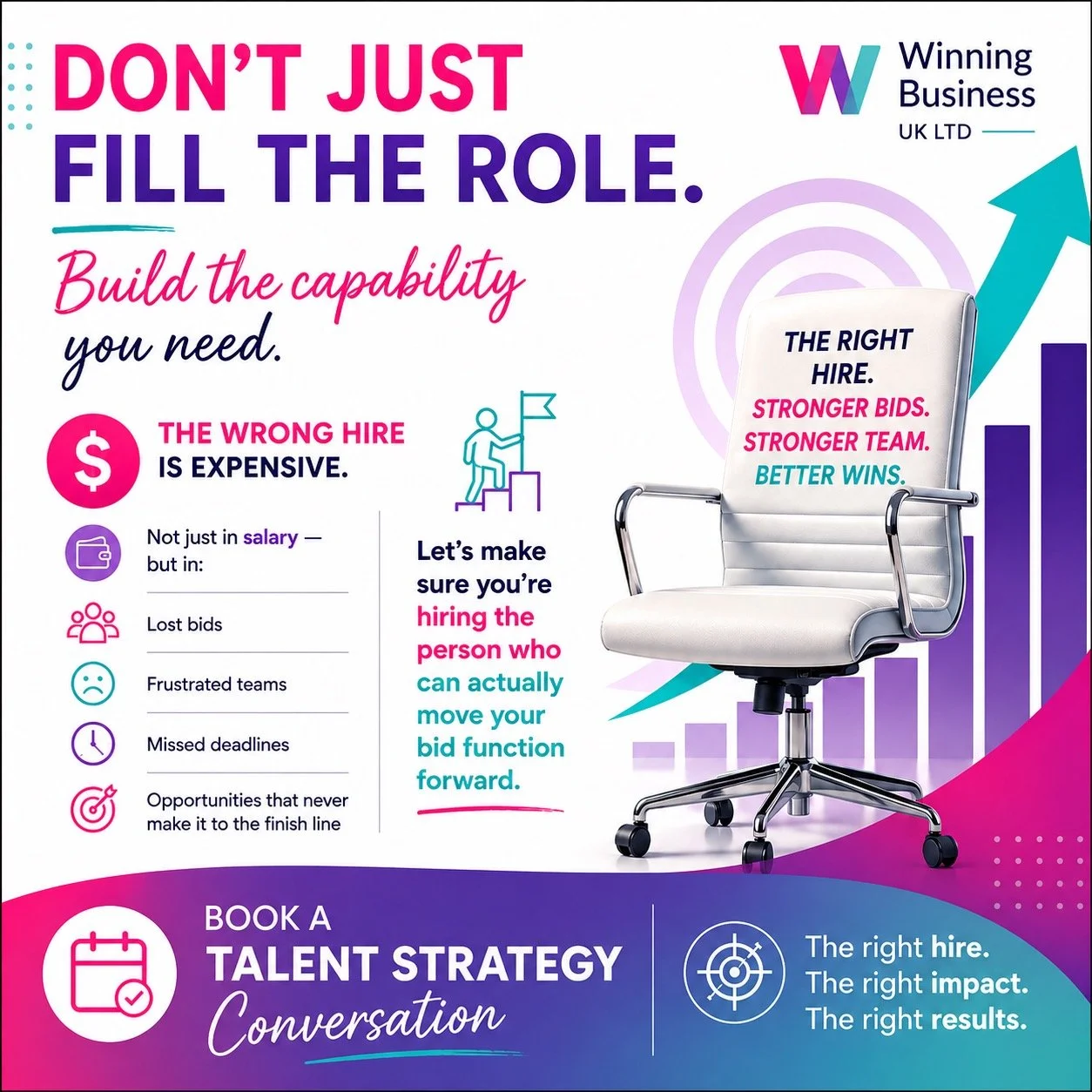 A colorful infographic promoting effective hiring strategies. It features a white office chair with text on the backrest about making better hiring decisions. The headline reads 'Don't just fill the role. Build the capability you need.' The graphic emphasizes hiring the right person to move your business forward, with phrases like 'stronger bids, stronger team, better wins.' The sidebar highlights the costs of wrong hires, including lost bids, frustrated teams, missed deadlines, and missed opportunities. The bottom encourages booking a talent strategy conversation, emphasizing the importance of the right hire for impact and results.