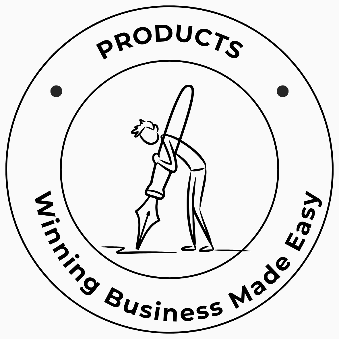 A circular badge with the words 'Products' at the top and 'Winning Business Made Easy' at the bottom, featuring a simple sketch of a person writing with a fountain pen.
