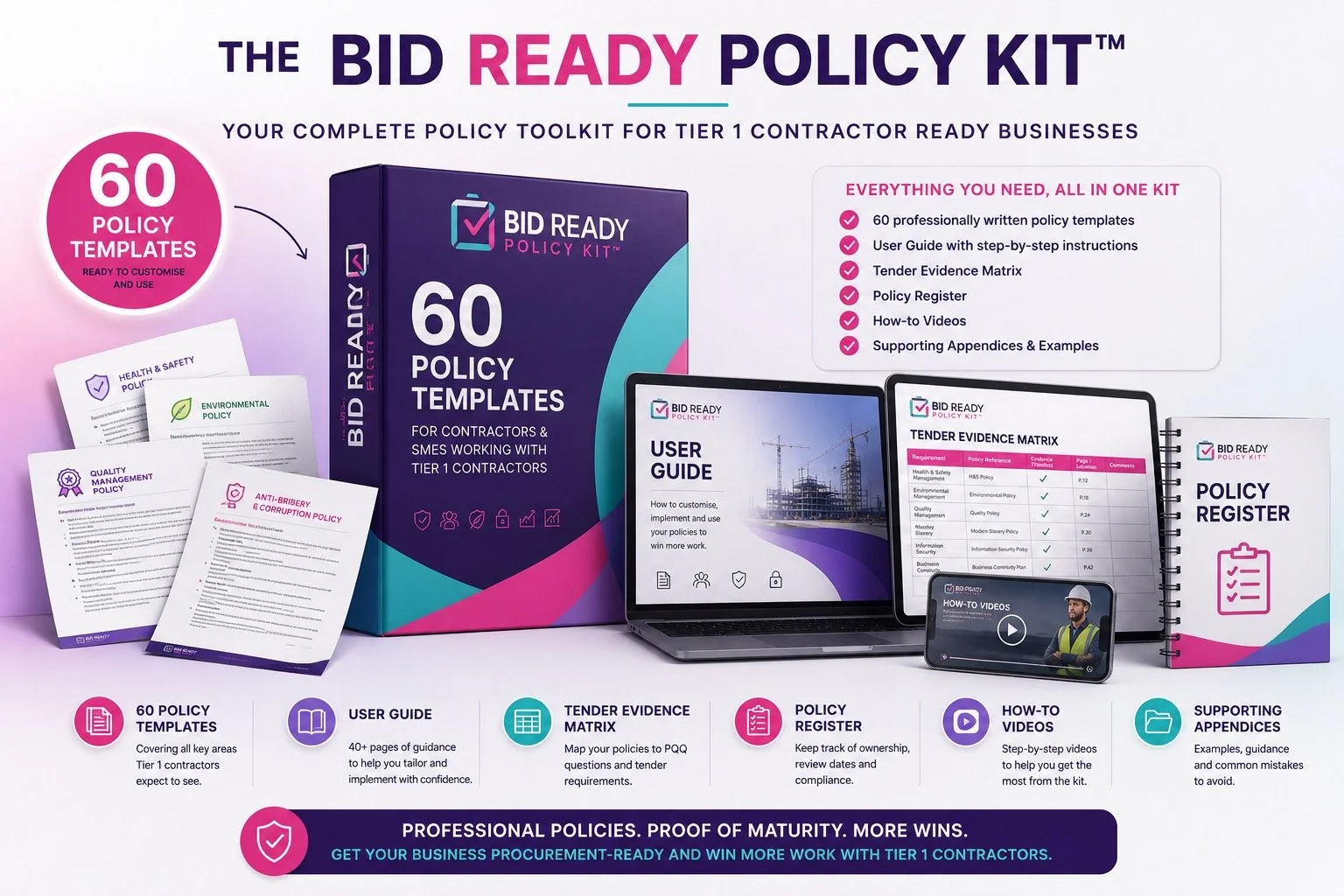 Advertisement for the Bid Ready Policy Kit, a collection of 60 policy templates, user guide, tender evidence matrix, policy register, how-to videos, and supporting appendices designed for Tier 1 contractor businesses. The image shows a purple box and sample pages of policies and guides, along with icons representing the kit components.