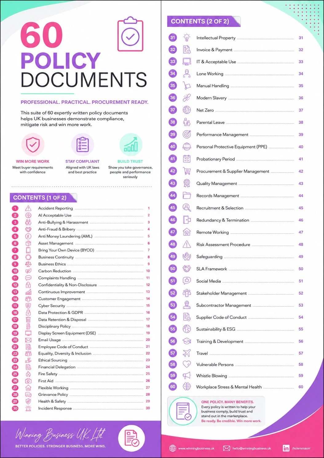 A brochure cover titled '60 Policy Documents' showcasing a list of 60 policy topics for UK businesses, including sections on accident reporting, anti-bribery, data protection, remote working, and sustainability, with colorful icons and a contents page.