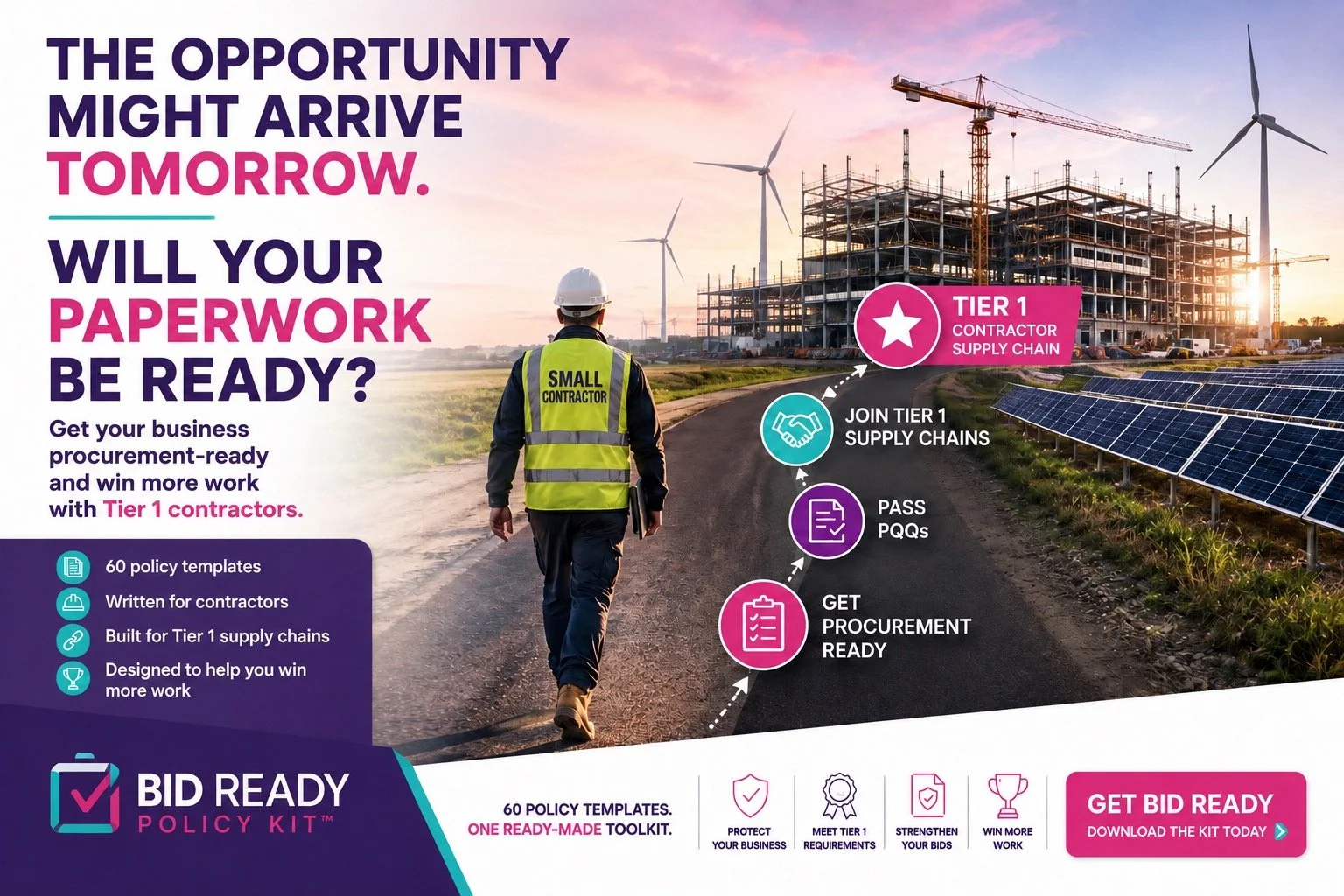 A construction worker in a reflective vest walking toward a building under construction with wind turbines and solar panels in the background. The image promotes Tier 1 contractor supply chain collaboration and procurement readiness, featuring icons and steps for policy templates, passing PQs, joining supply chains, and preparing for bids.