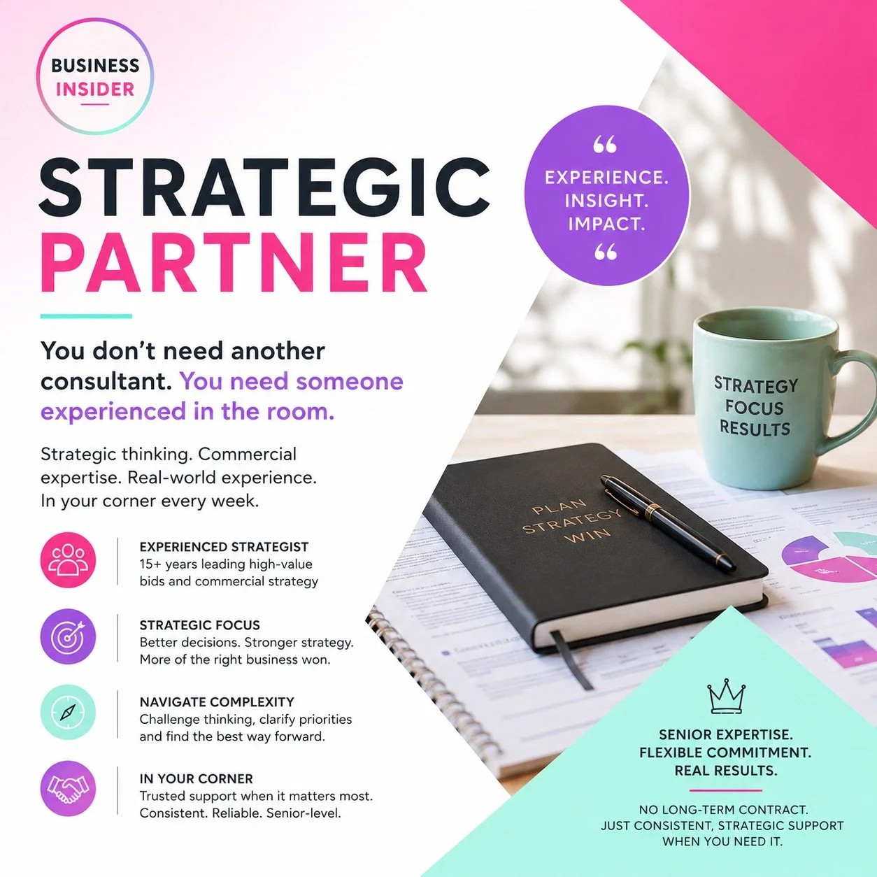 A promotional graphic for Business Insider highlighting the qualities of a strategic partner or consultant. The image includes a coffee mug with the words "Strategy Focus Results," a black notebook with "Plan Strategy Win" on the cover, and some printed documents. Text emphasizes experience, insight, impact, strategic thinking, and trusted support without long-term contracts.