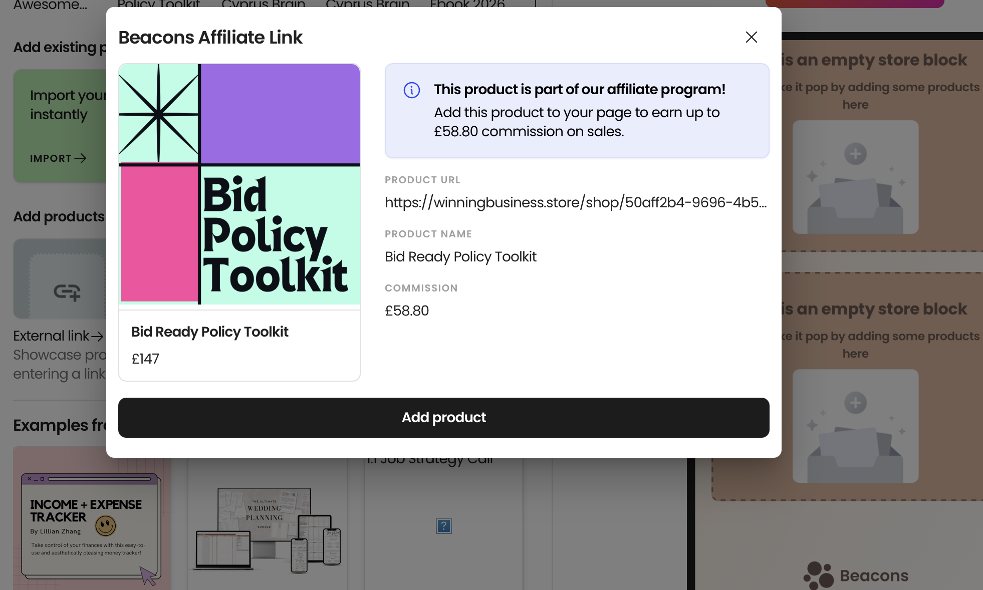 Screenshot of a popup window titled 'Beacons Affiliate Link'. The popup displays an image with colorful blocks and the text 'Bid Policy Toolkit' and 'Bid Ready Policy Toolkit'. The product details include URL, name, commission of 58.80 pounds, and an option to add the product.