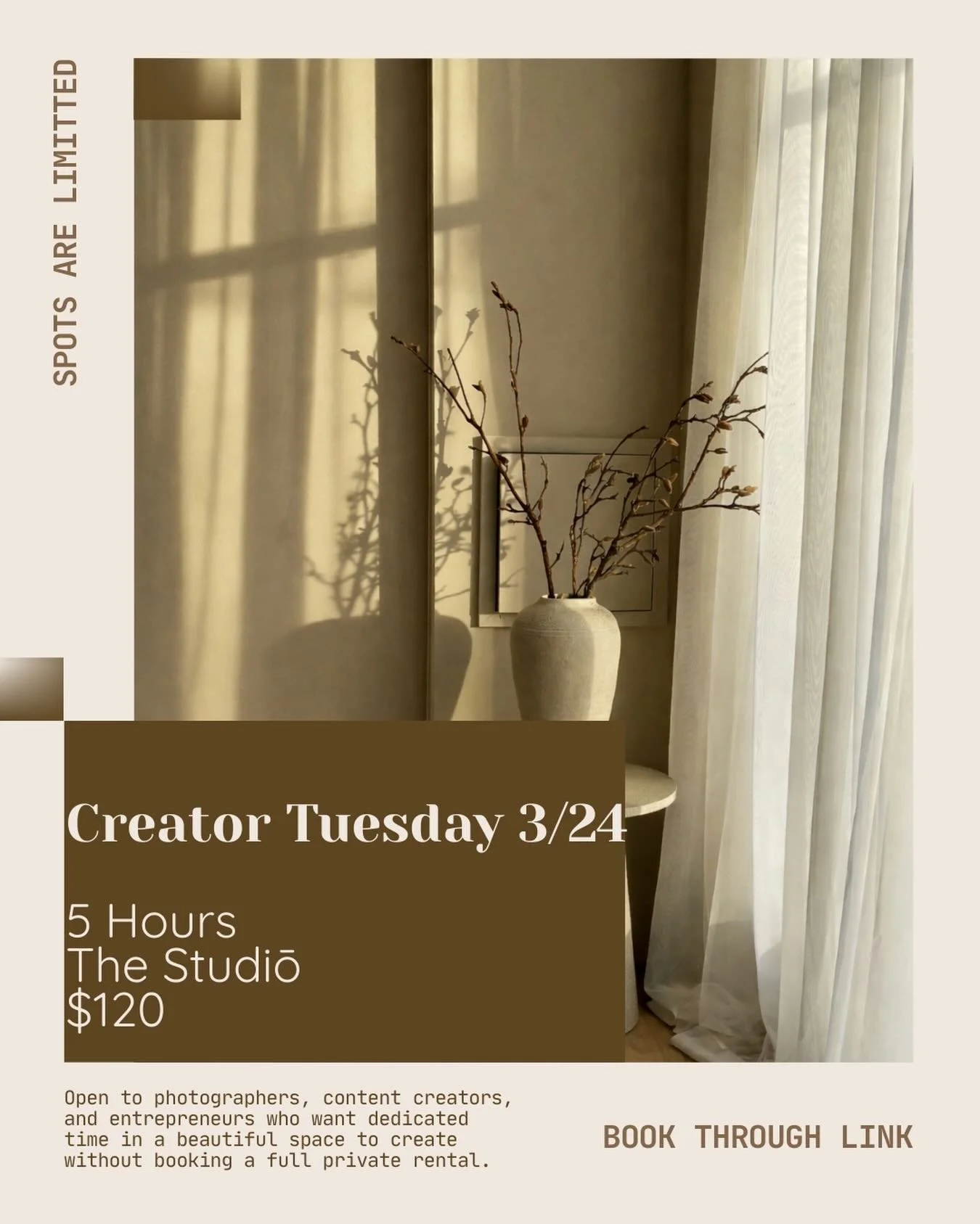 Creator Tuesday on 3/24 is an open studio session at The Studiō designed for photographers, content creators, and entrepreneurs who want a beautiful space to create without booking a full private rental.

It is an opportunity to come into the studio,