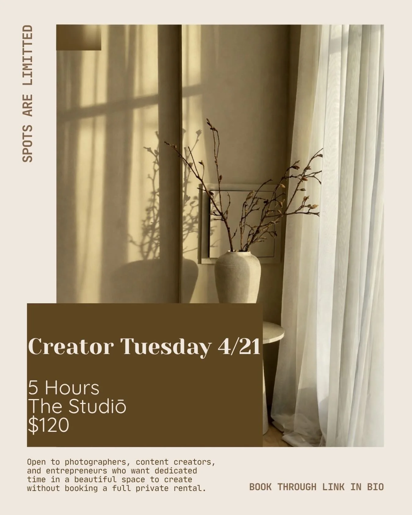 Creator Tuesday is a shared studio session designed for photographers, content creators, and small teams who need a space to shoot, 5 hours for $120!

🤎Details:
&bull; 5-hour session
&bull; Shared space with other creators
&bull; Multiple areas avai