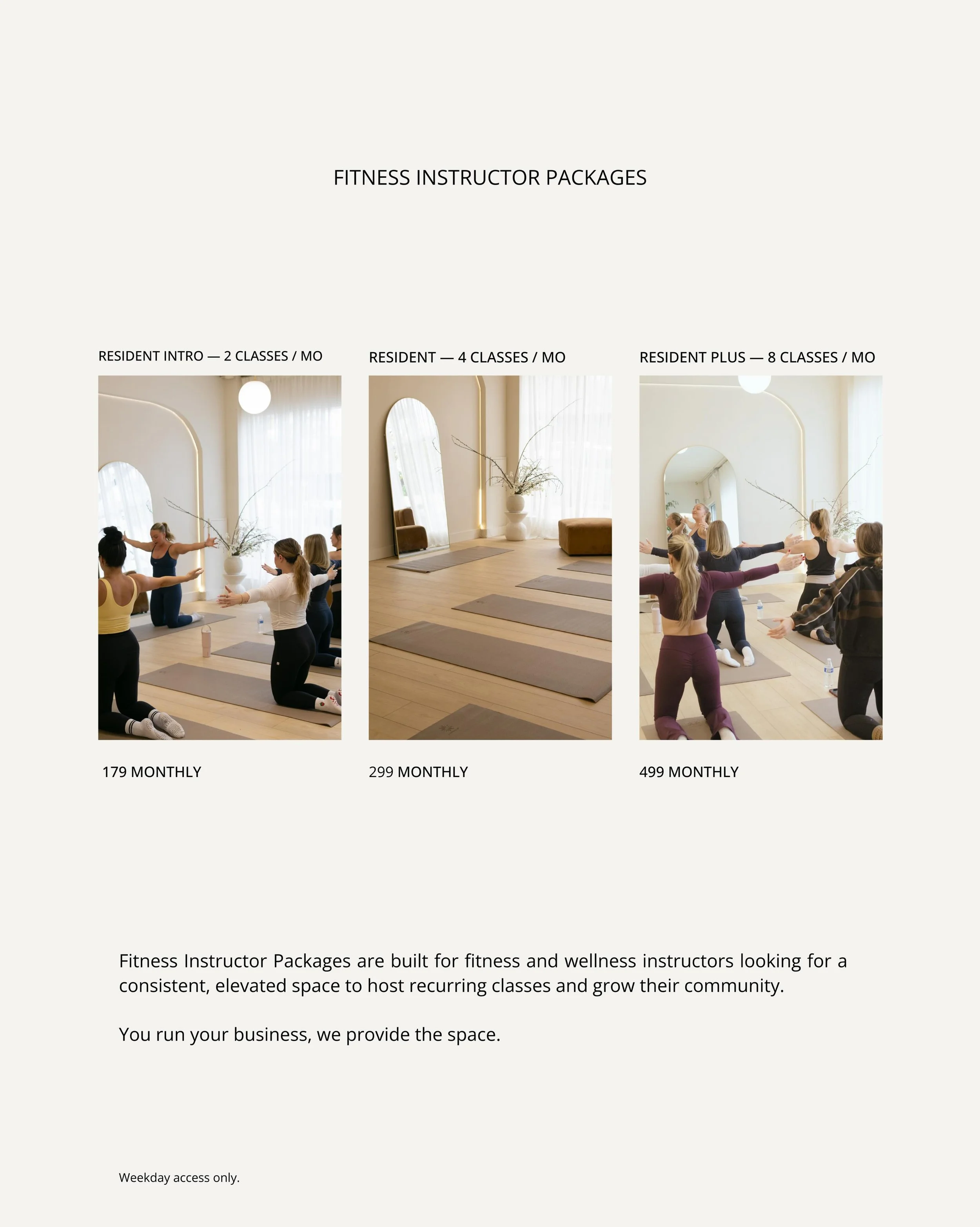 There are so many talented instructors teaching in spaces that don&rsquo;t reflect the experience they&rsquo;re trying to create.

Dark rooms. Inconsistent rentals. Crowded gyms.
 No place that truly feels like theirs.

The Studiō is now opening limi