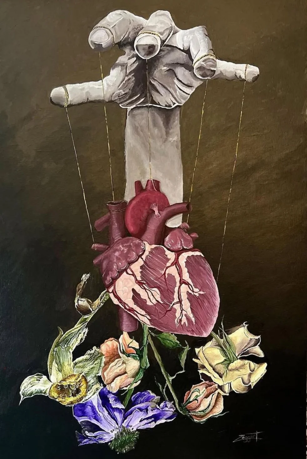A surreal painting of a human hand with long finger, suspended by strings, positioned above a human heart. The heart appears to be emerging from a bouquet of various colorful flowers at the bottom. The background is dark and the overall tone is artistic and symbolic.