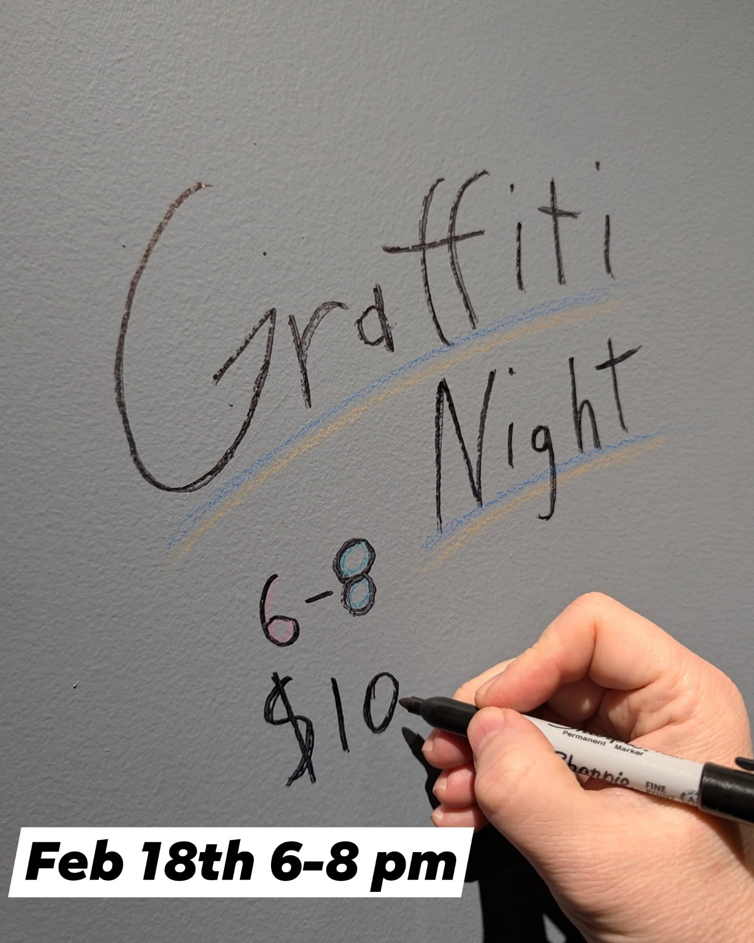 Did you ever get in trouble for drawing on the walls when you were a kid? Well, we won't ground you. In fact, we encourage that kind of thing. Come out for our first Graffiti Night. Pencils, markers, paint...use our materials or bring your own.

Graf