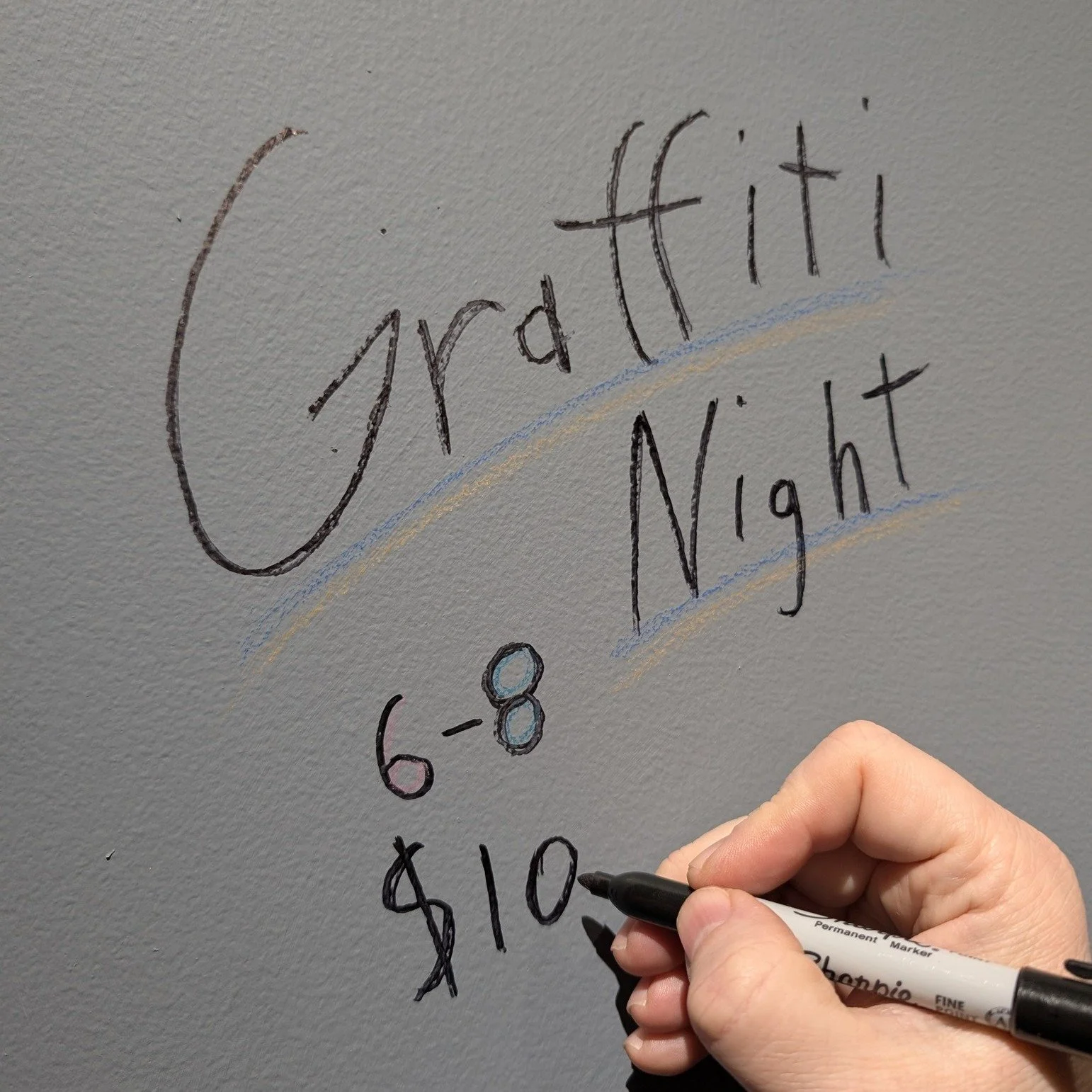 Wednesday evening we're doing our first monthly Graffiti Night. We're taking all the art down for the night and letting you create your own art right on our walls! Paint, pencils, markers, whatever you choose to use. We'll make implements available o