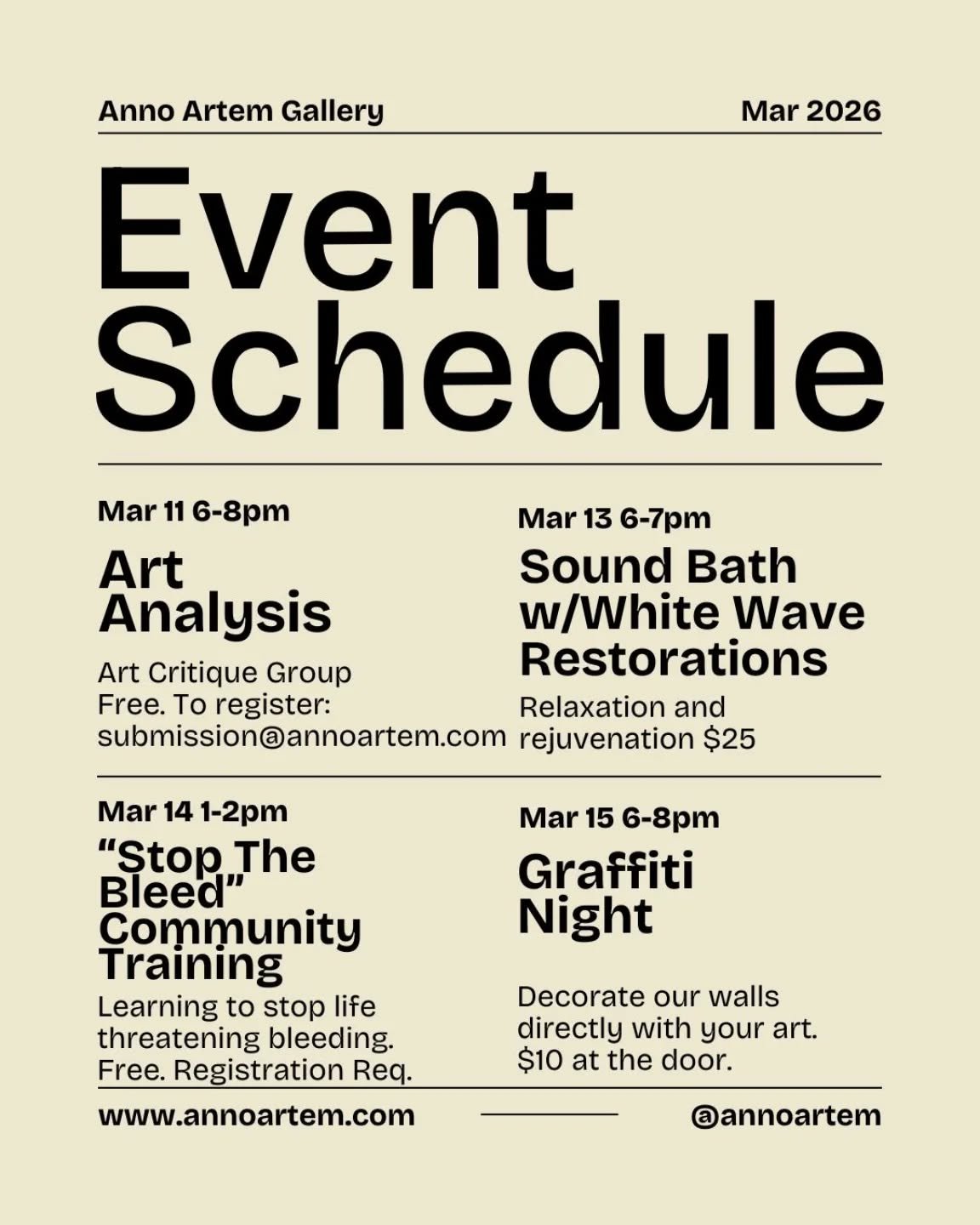 Events at Anno Artem Gallery for the next week. 
We have Art Analysis, our art discussion and critique group on Wednesday. Led by Michael Kenny (@michael.kenny.made ) and Mark Zimmerman (@zim13 ). Still have spots for 4 presenters and 8 discussion pa